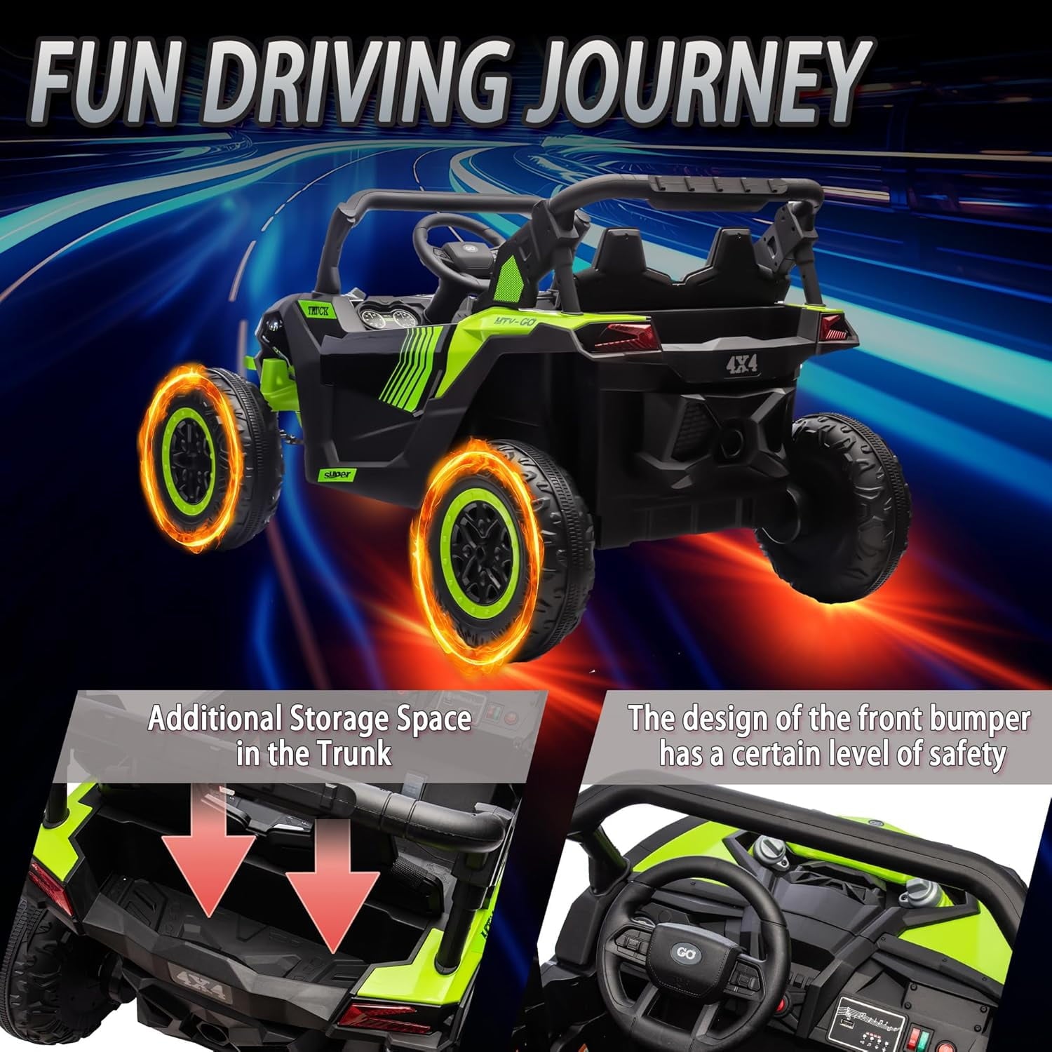 Track 7 24V 2-Seater Ride on UTV, 20" Large Seat, 2 x 200W Powerful Motors, 4.5 mph Max Speed, Ride on Car w/Remote Control, MP3, Lights, Battery Powered Electric Car for Boys Girls Age 3+, Green