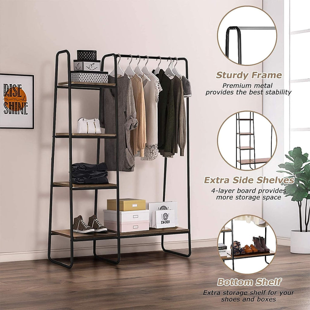 COOKCOK Clothing Rack Garment Rack with Shelves Wardrobe Rack Freestanding Closet Racks with Metal Hanger Rod and 4-Tier Wood Shelves Heavy Duty Clothes Rack for Bedroom Living Room Entryway, Brown