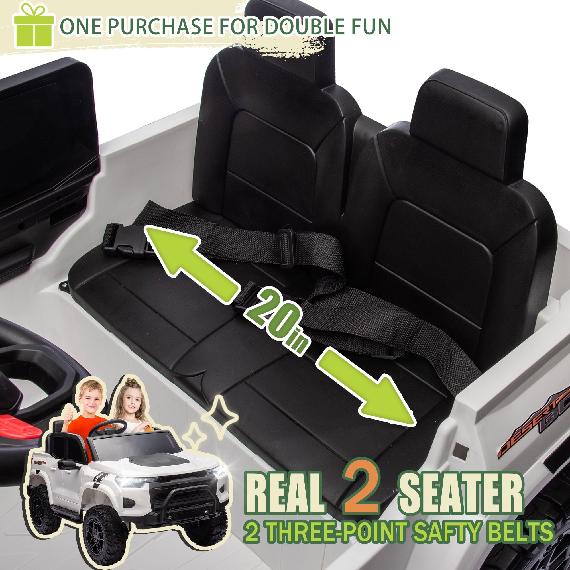 Track 7 24V Ride on Car, 2-Seater Kids Ride on Pickup Car with Remote Control, Bluetooth, 4 x 200W Motor Electric Car, 3 speeds, LED Lights, Spring Suspension, White
