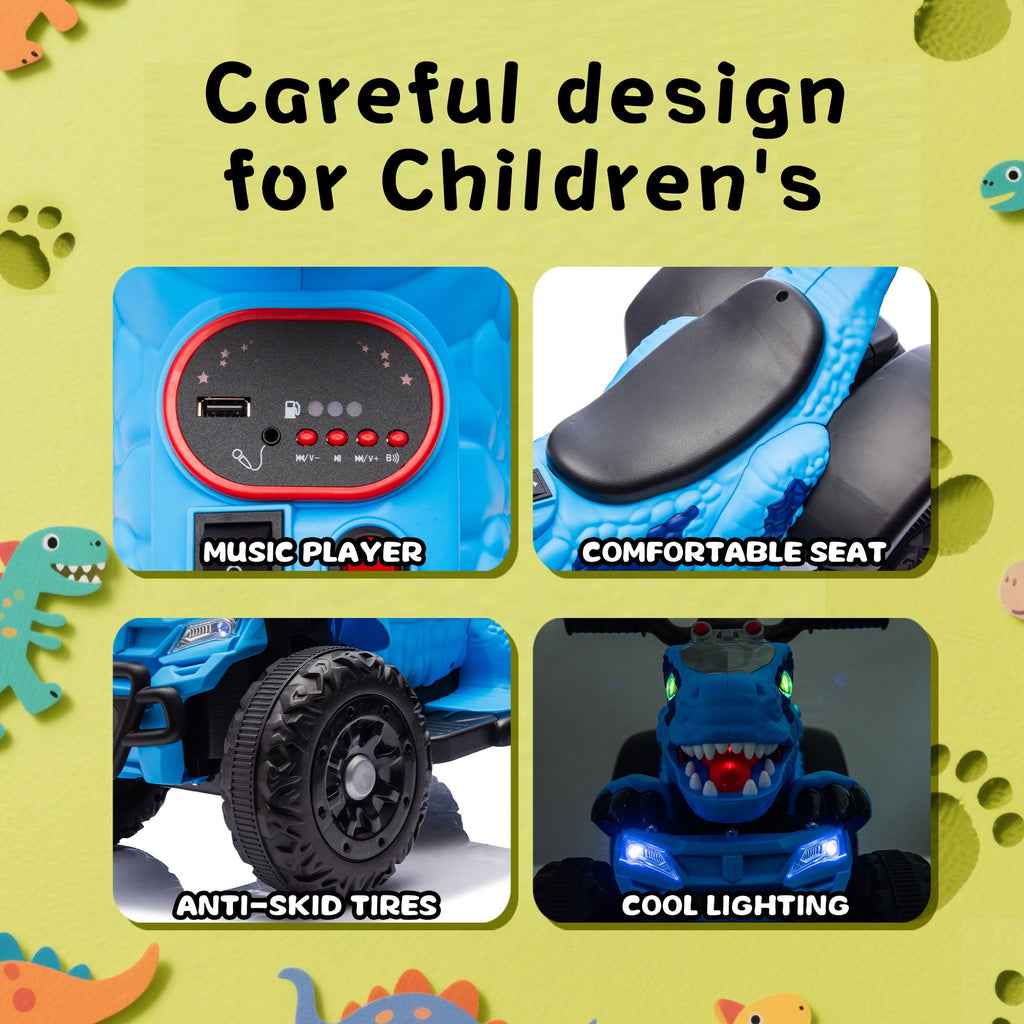 Track Seven 12V Ride-On ATV, Dinosaur Shape Electric Car, 2WD, Music, Bluetooth, Power Display, Indoor& Outdoor Ride-On Toy Car for Boys Girls Age 2+