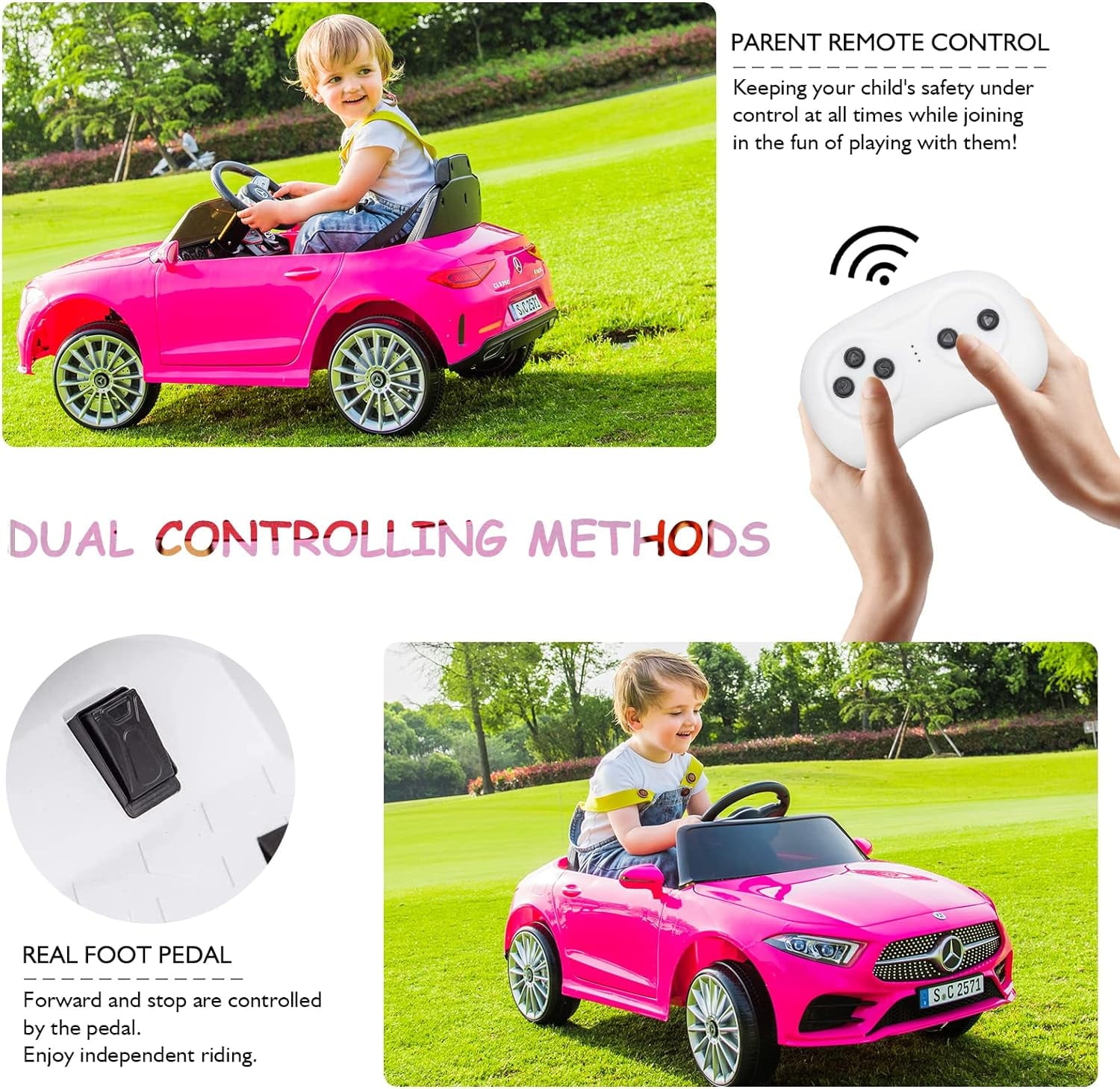 Track 7 12V Ride on Car, Licensed Mercedes-Benz CLS 350 Electric Car for Kids, Ride on Car with Remote Control, Music, Power Display, LED Lights, MP3, Kids Car for Age 3+, Pink