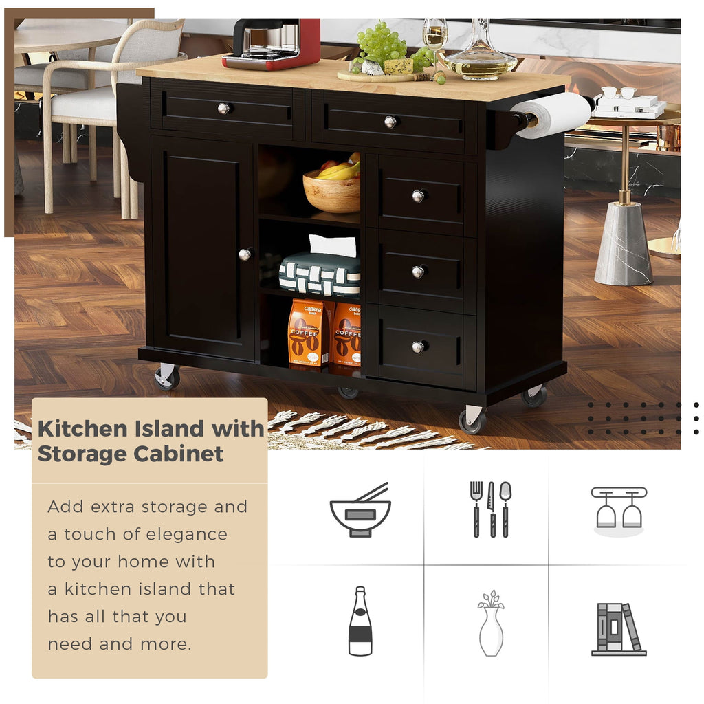 COOKCOK Kitchen Cart with Wood Countertop, Rolling Mobile Kitchen Island Cart with 5 Drawers, Open Storage Shelves, Towel Rack, 53" Width, Black