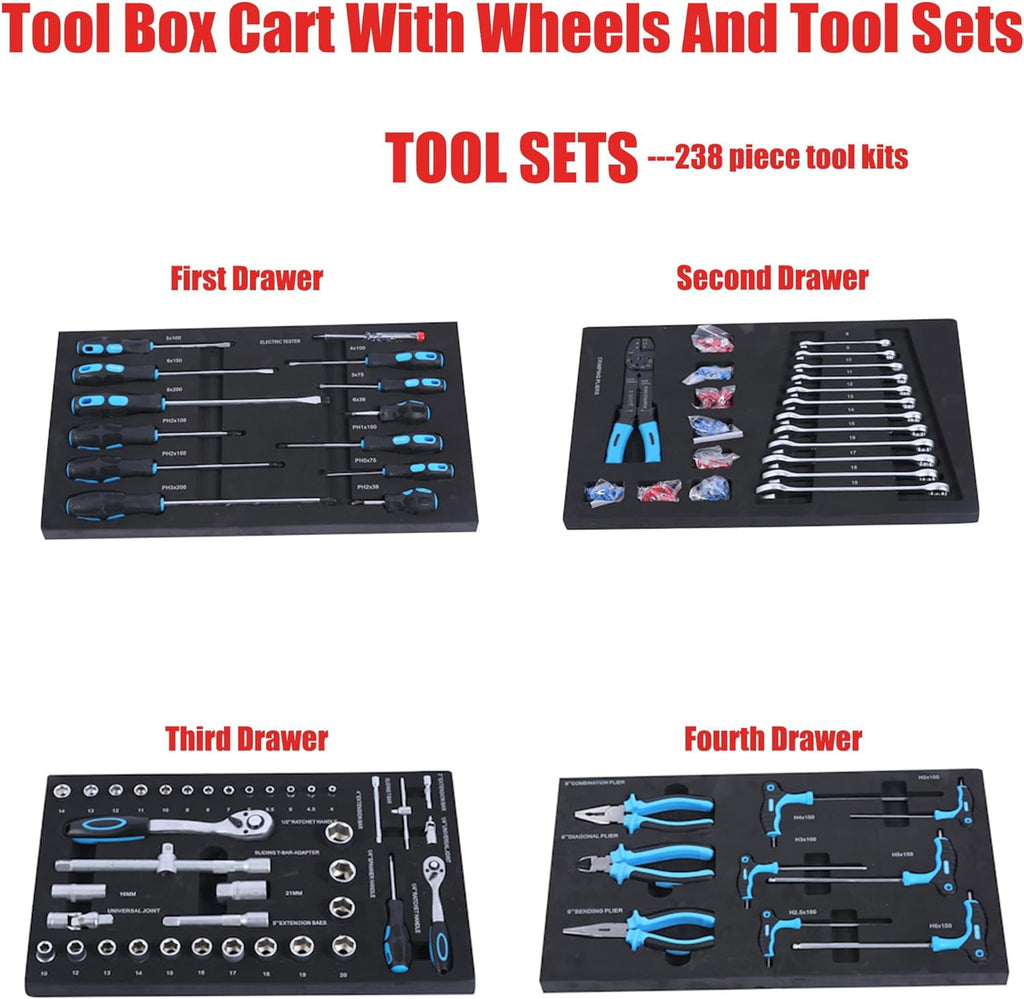 COOKCOK Tool Chest with 238 Piece Tool Set, 4-Drawer Tool Cabinet - Rolling Tool Cart On Wheels for Mechanics Heavy-Duty Metal Tool Box Storage Cabinets for Garage, Red