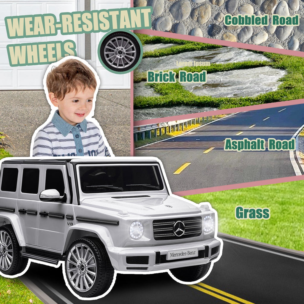 Track 7 24V Ride on Car, Licensed Mercedes-Benz G500 Electric Car with Remote Control, USB, Bluetooth, LED Lights, Ride on Truck for Boys Girls Age 3+, White