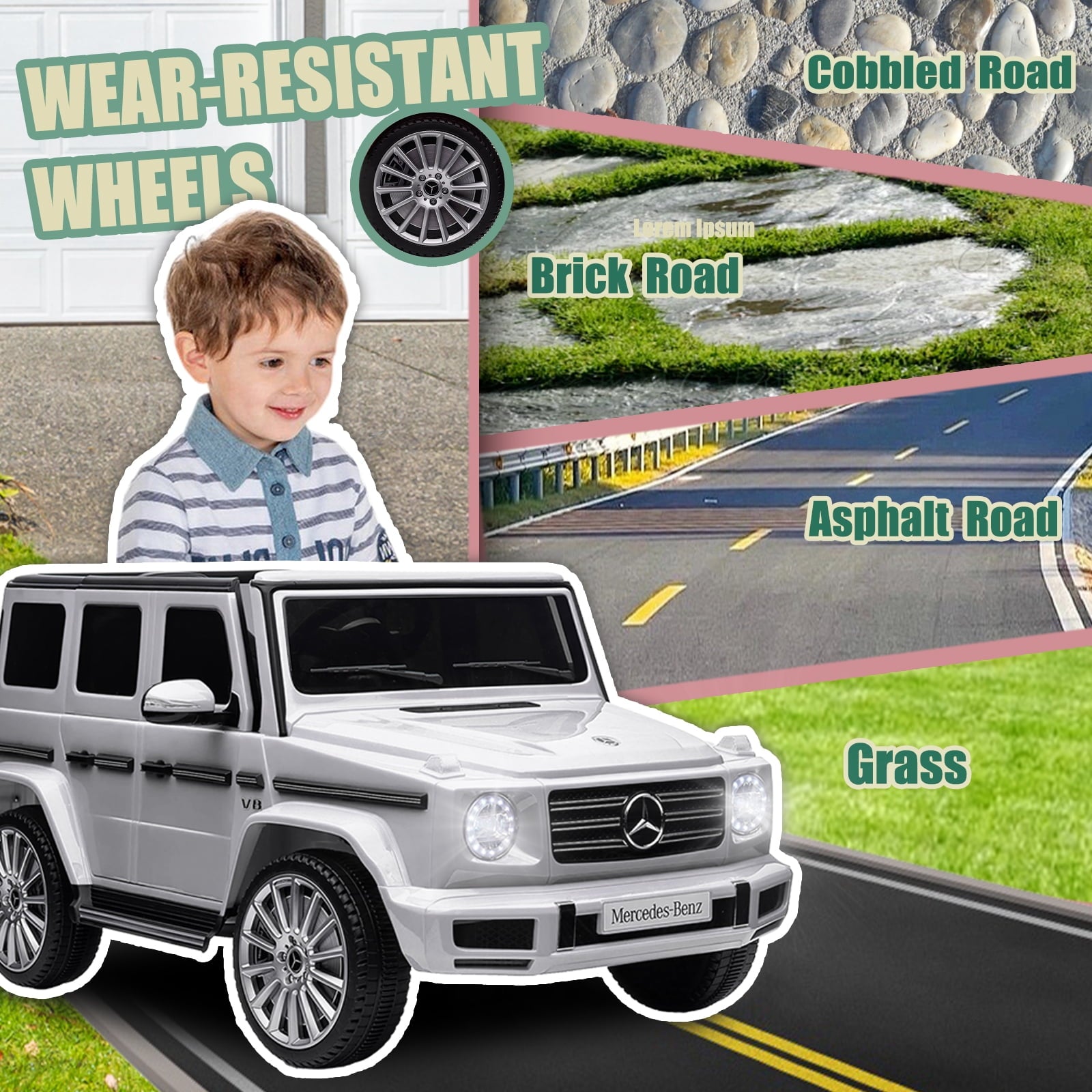 Track 7 24V Ride on Car, Licensed Mercedes-Benz G500 Electric Car with Remote Control, USB, Bluetooth, LED Lights, Ride on Truck for Boys Girls Age 3+, White