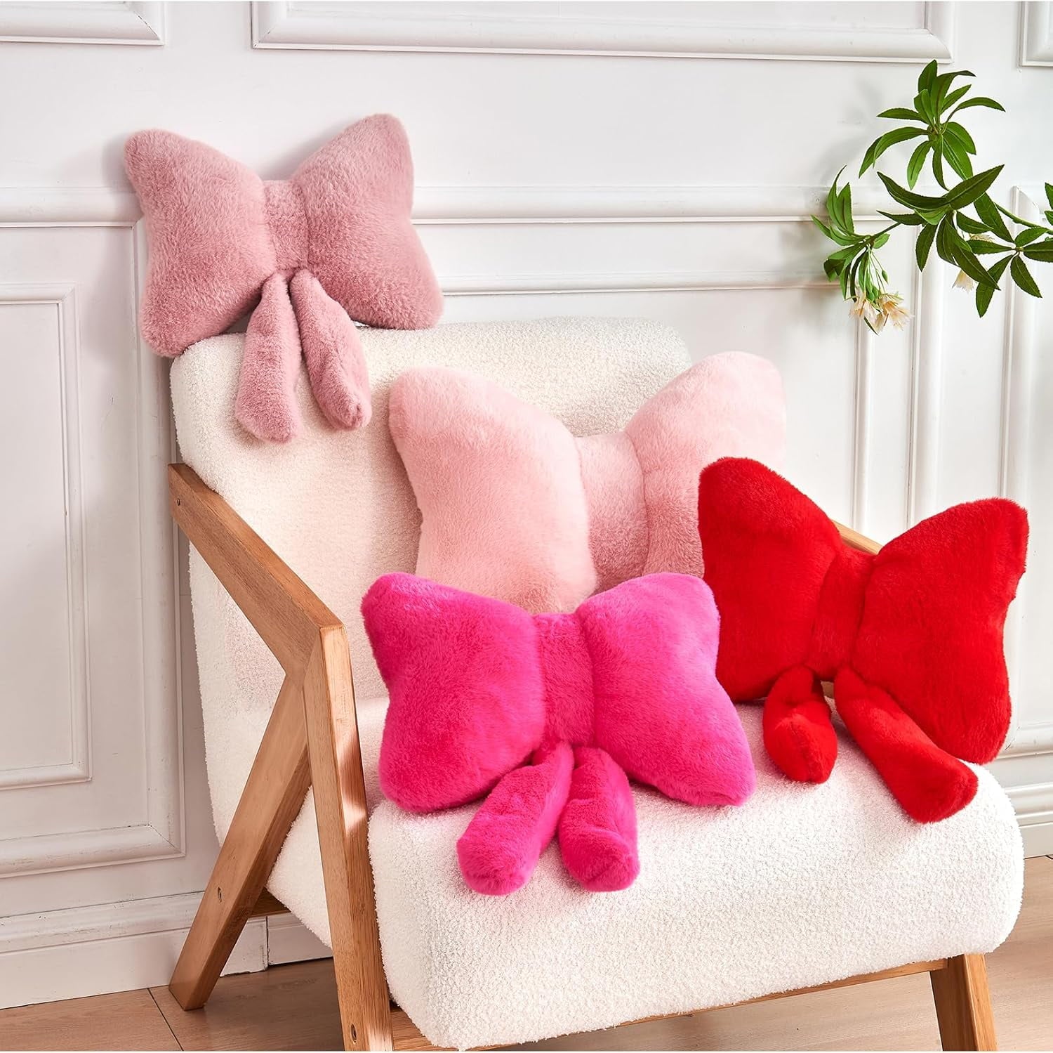 COOKCOK Bow Pillow, Soft Bow Decorative Throw Pillows with Faux Rabbit Fur, Cute 12" Bow Throw Pillows for Home Decor, Plush Pillow for Bedroom Sofa Couch, Pink