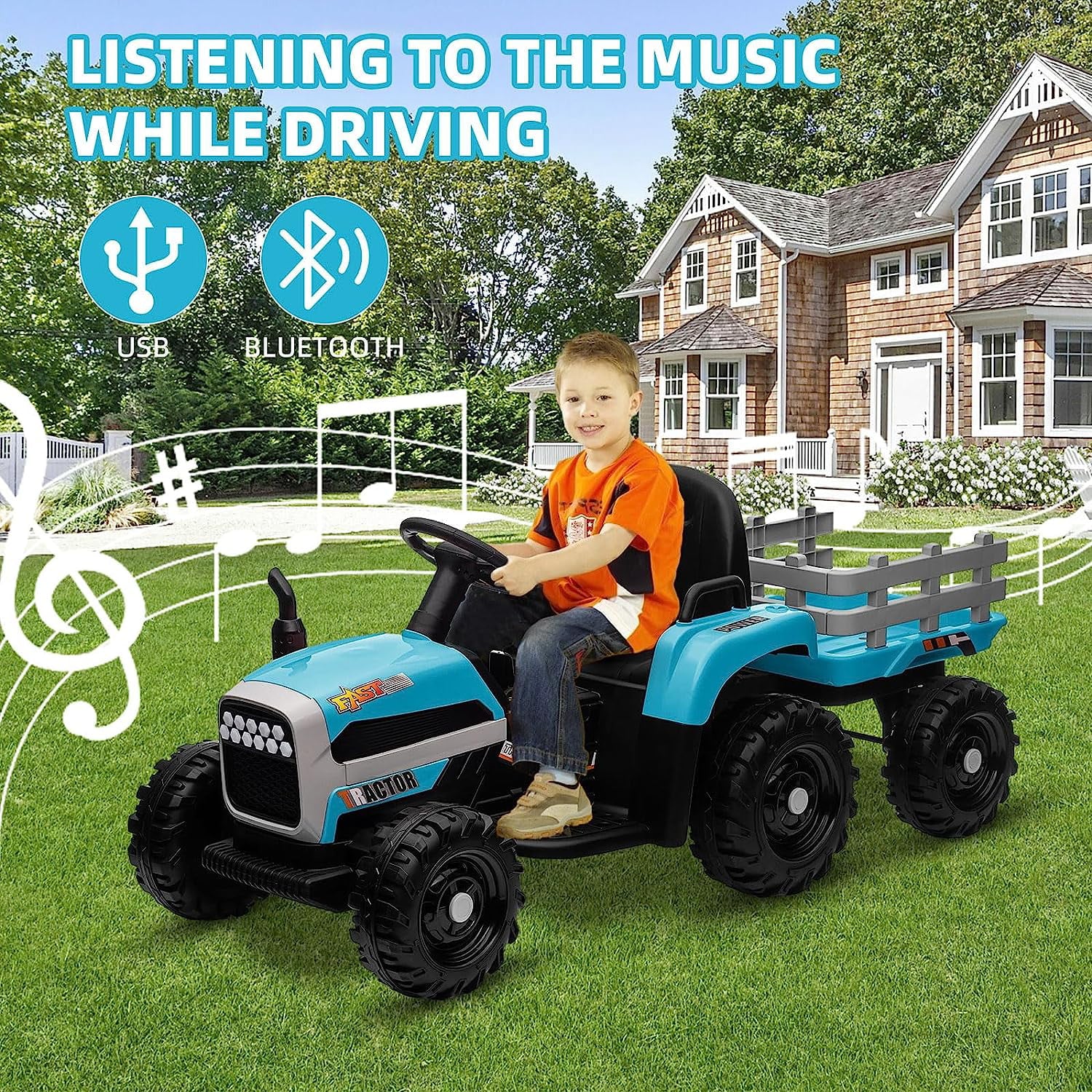 Track 7 12V Ride on Tractor with Trailer, Kids Electric Car with Remote Control, Bluetooth, MP3, LED Lights, 3-Gear-Shift Ground Loader, Ride on Car for Boys Girls, Blue