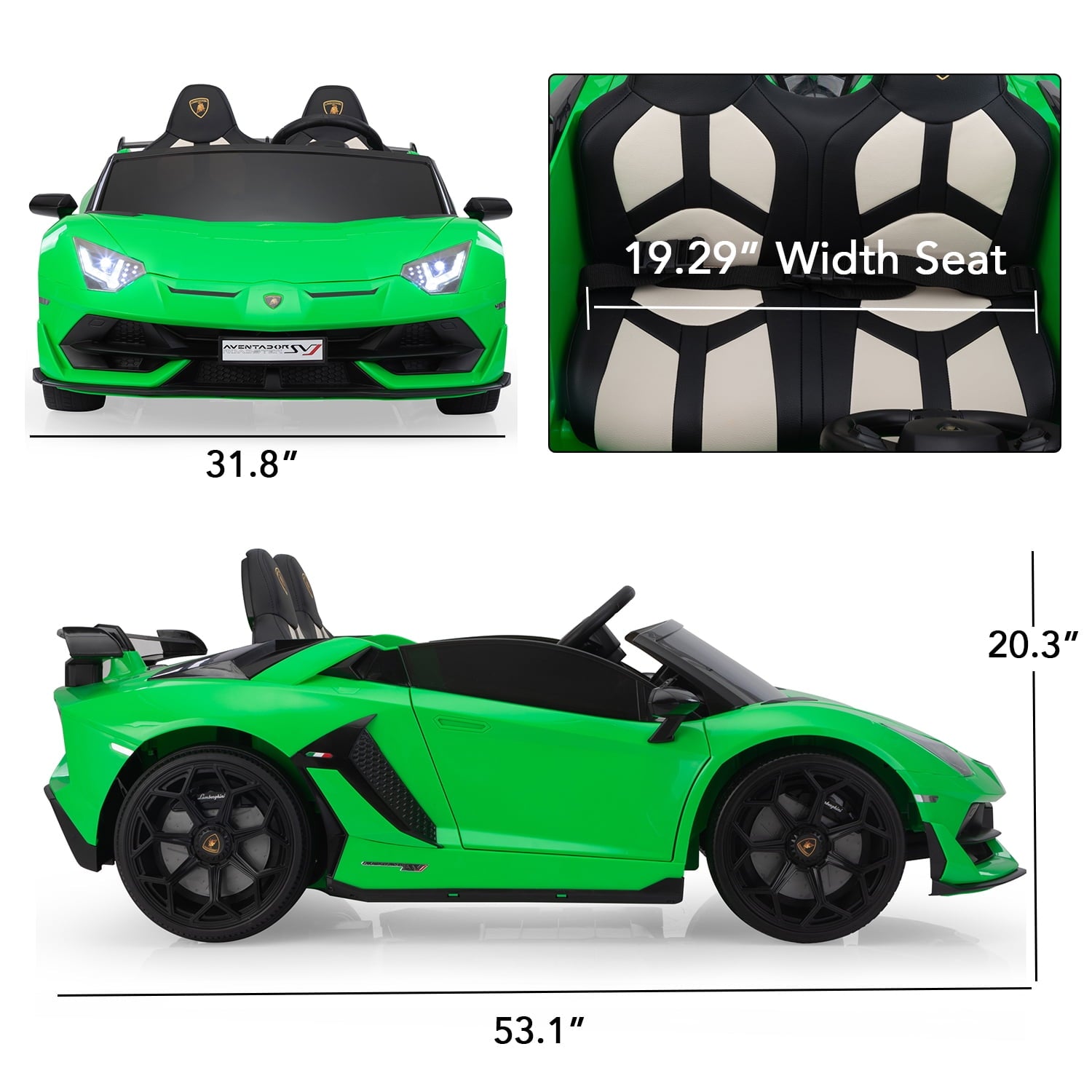 Track 7 24V Ride on Car, Licensed Lamborghini Drifting Car, 2-Seater Electric Car with Remote Control, MP3, LED Lights, PU Seat, Portable Handle, Green