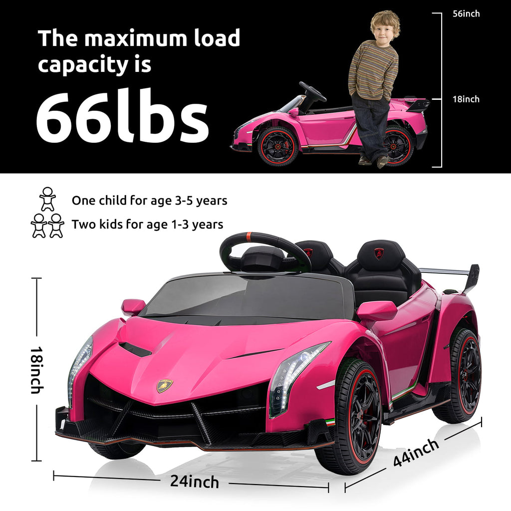 Track Seven 12V Kids Ride on Car, Licensed Lamborghini Veneno Electric Car with Remote Control, Music, Age 3+, Pink