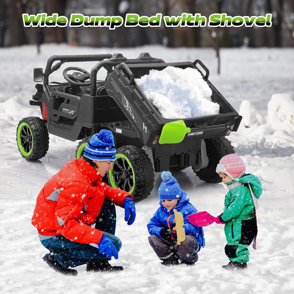 Track Seven 24V 2-Seater Ride on Dump Truck, 4WD 6-Wheel Kids Ride on Car w/Remote Control, Electric Dump Bed, Toy Shovel, Music, Max Speed 5 mph, 21" Large Seat, Ride on Toy for Kids Age 3+, Black