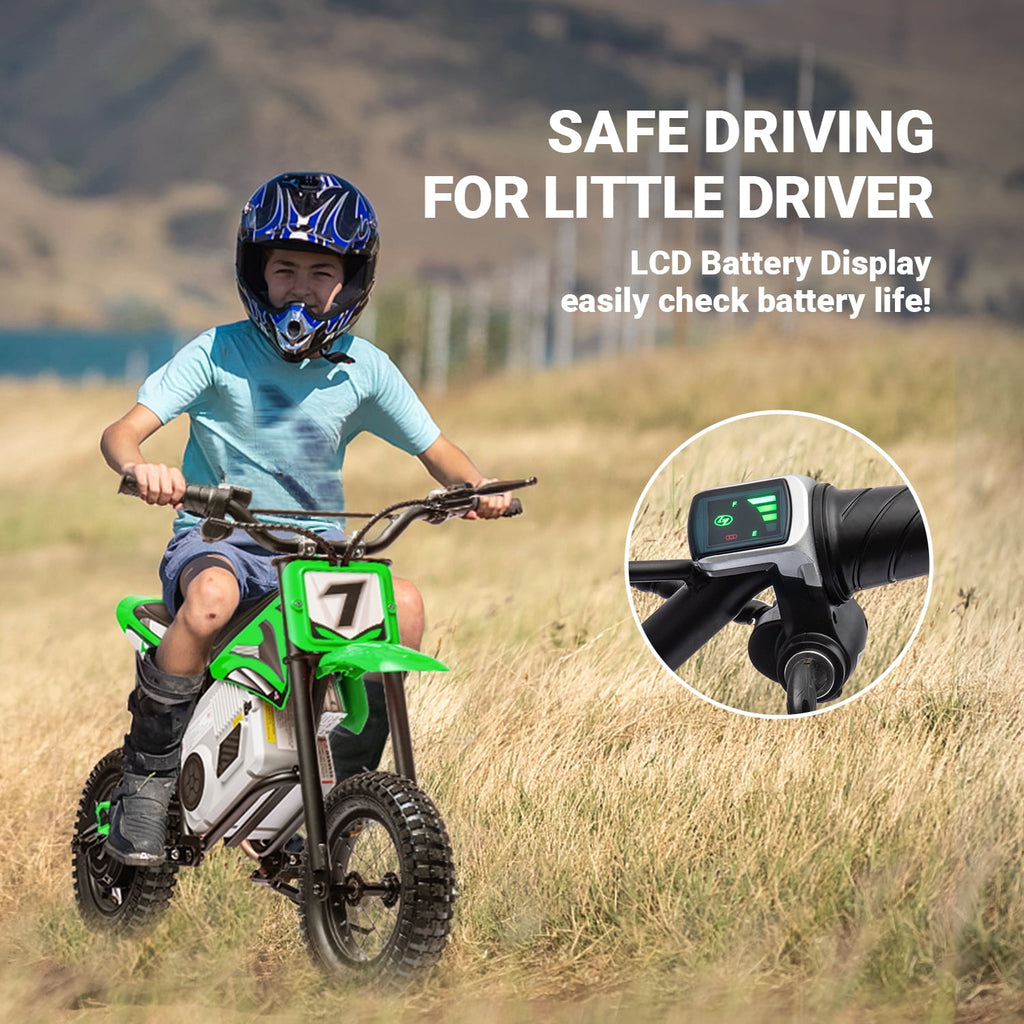 Track 7 24V Electric Dirt Bike, 350W Ride on Motorcycle with Twist Grip Throttle, Hand-Operated Dual Brakes, Speed Up to 10 MPH, for Age 8-12, Green