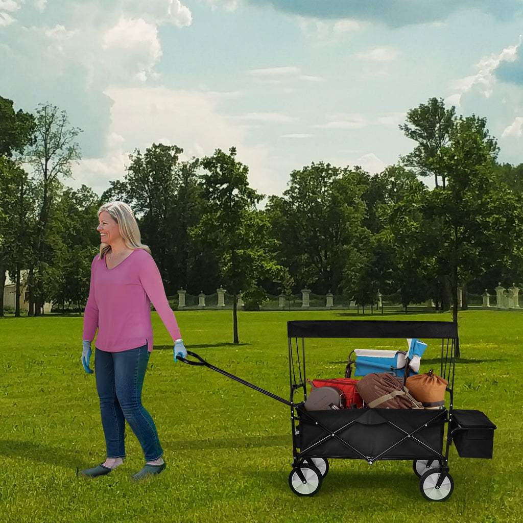 COOKCOK Folding Outdoor Utility Wagon with Removable Canopy,Adjustable Handles Garden Carts,Black