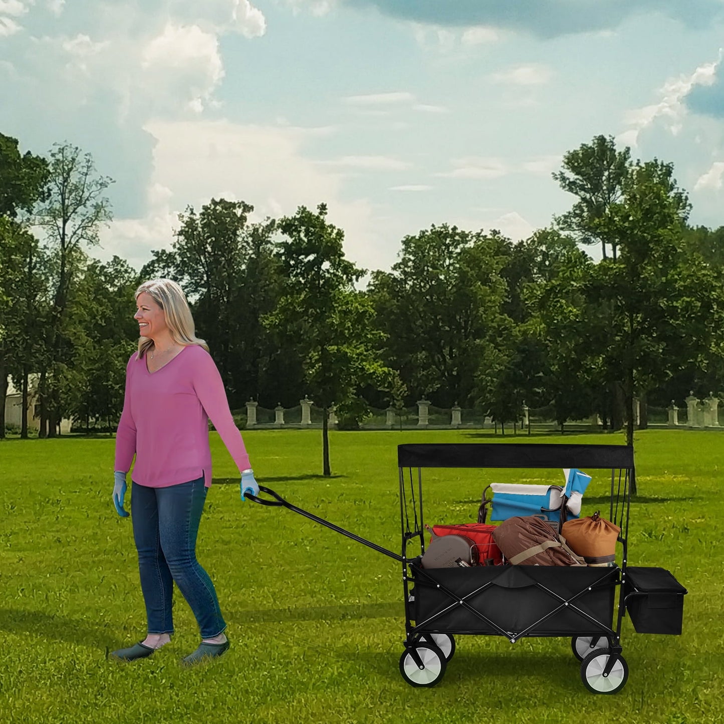 COOKCOK Folding Outdoor Utility Wagon with Removable Canopy,Adjustable Handles Garden Carts,Black