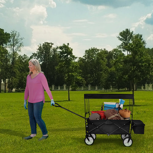 COOKCOK Folding Outdoor Utility Wagon with Removable Canopy,Adjustable Handles Garden Carts,Black
