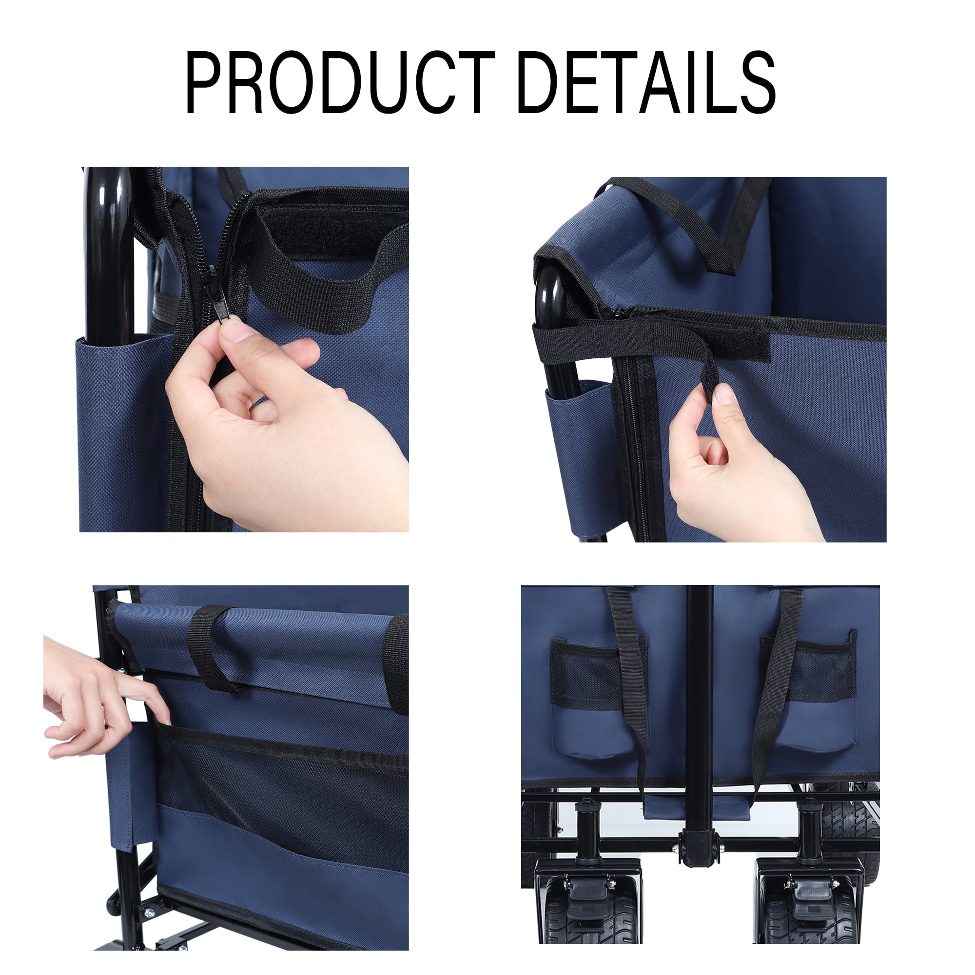 COOKCOK 3-in-1 Convertible Folding Wagon Cart with Bench Seat, 500lbs Heavy Duty Utility Wagon with Adjustable Handle, 180L Capacity All-Terrain Wheels for Camping, Beach, Garden, Dark Blue