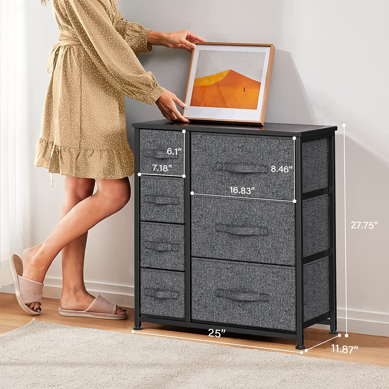 COOKCOK Fabric Dresser with 7 Drawers,Storage Tower Drawer Dresser for Bedroom, Closets, Bedroom, Nursery Room, Hallway, Entryway, with Wood Top and Easy Pull Handle,Dark Grey