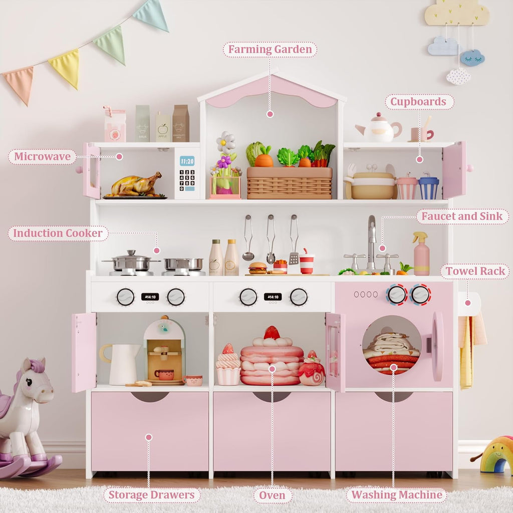 Track Seven Wooden Play Kitchen for Kids and Toddler, Toy Kitchen Playset with Plenty of Pretend Play Features and Storage Drawers, Gift for Boys and Girls, Pink