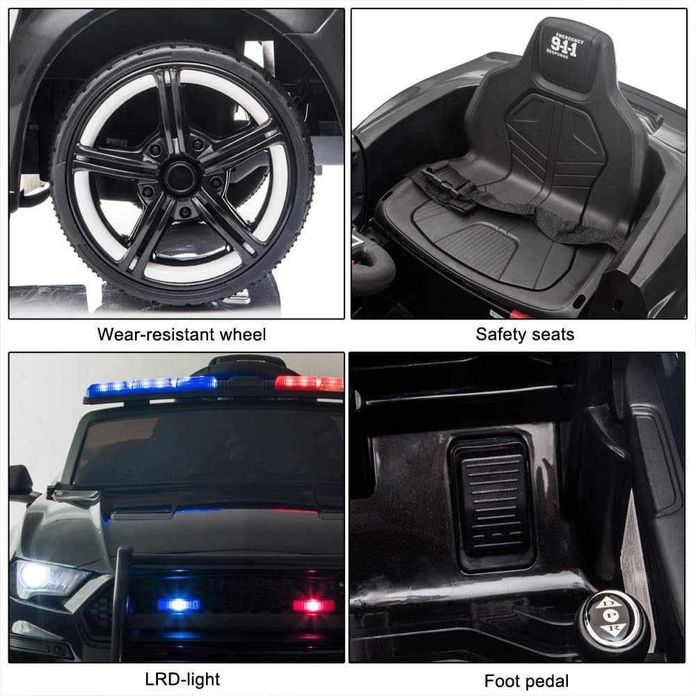 Track 7 12V Kids Police Sports Car, 2.4GHZ Remote Control, LED Lights, Siren, Microphone, Blue