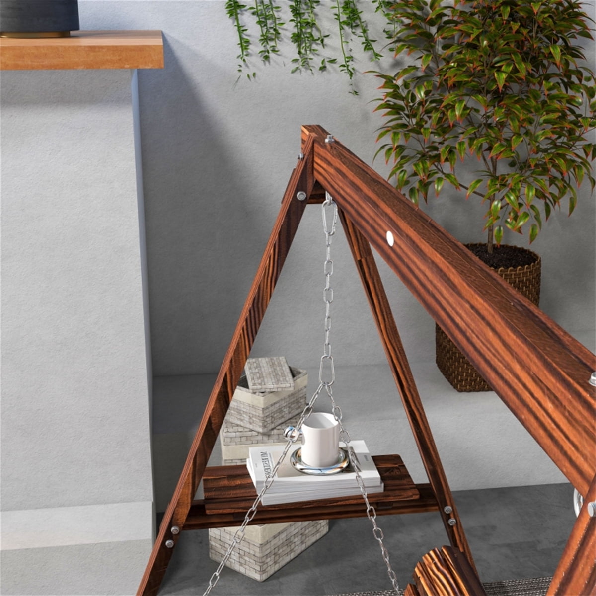 COOKCOK  2-Seat Porch Swing with Stand,  528 lbs Capacity Wooden Patio Swing Chair with Stand and Side Tables for Garden, Poolside & Backyard, Brown