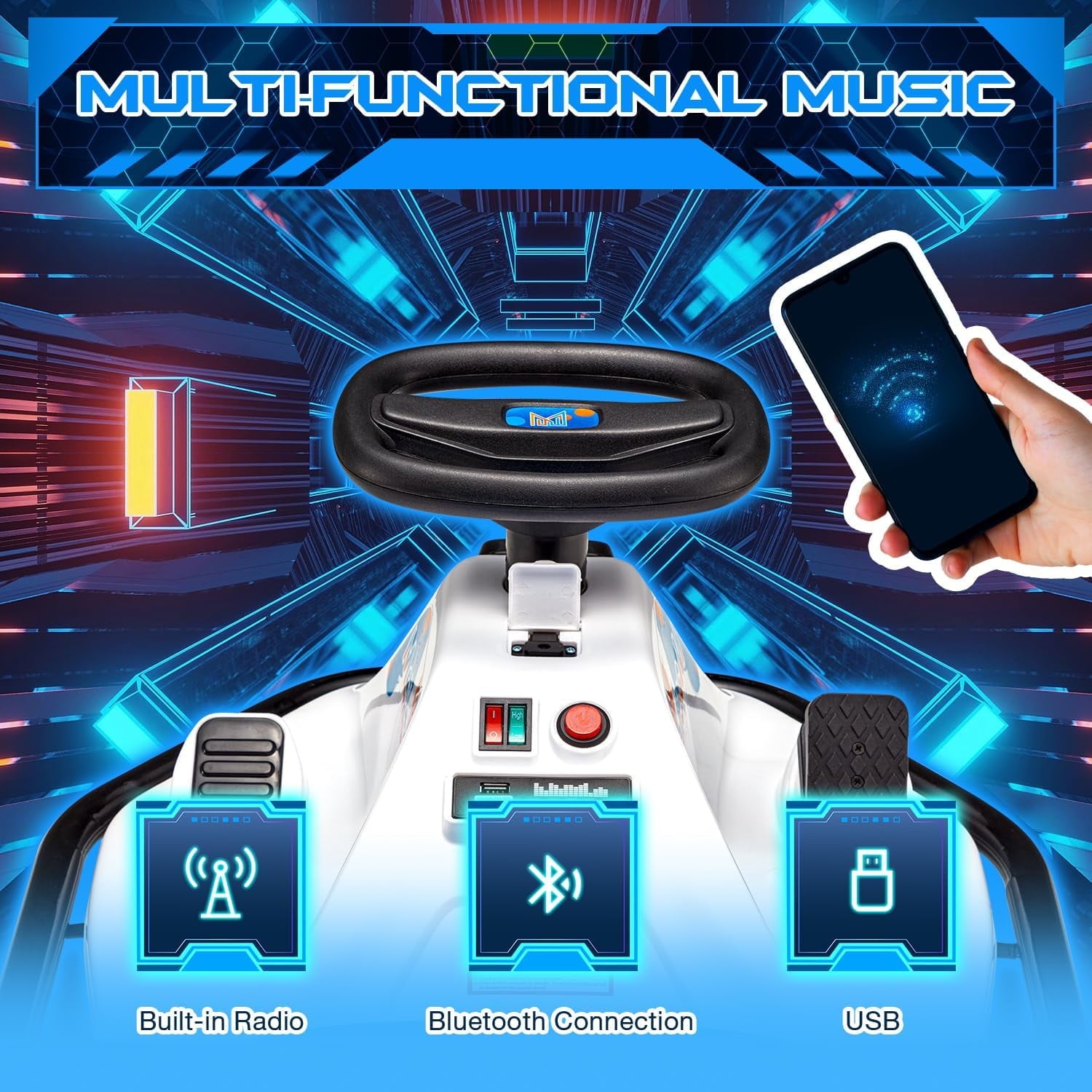 Track 7 24V Electric Drifting Go Kart for Kids, Kids Electric Go Kart w/360-Degree Spin, Music, Bluetooth, Flag, Drift Kart Up to 7.5 mph, Blue