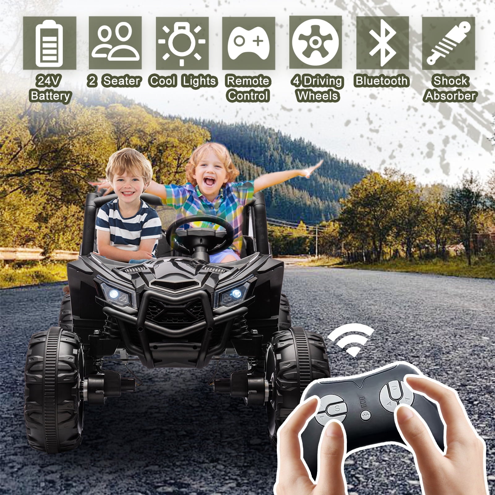 Track 7 24V Ride on UTV, 2-Seater Ride on Car with Remote Control, Music, 2 Speed, Key Start, 4x4 Ride on Off-Road Truck, Blue