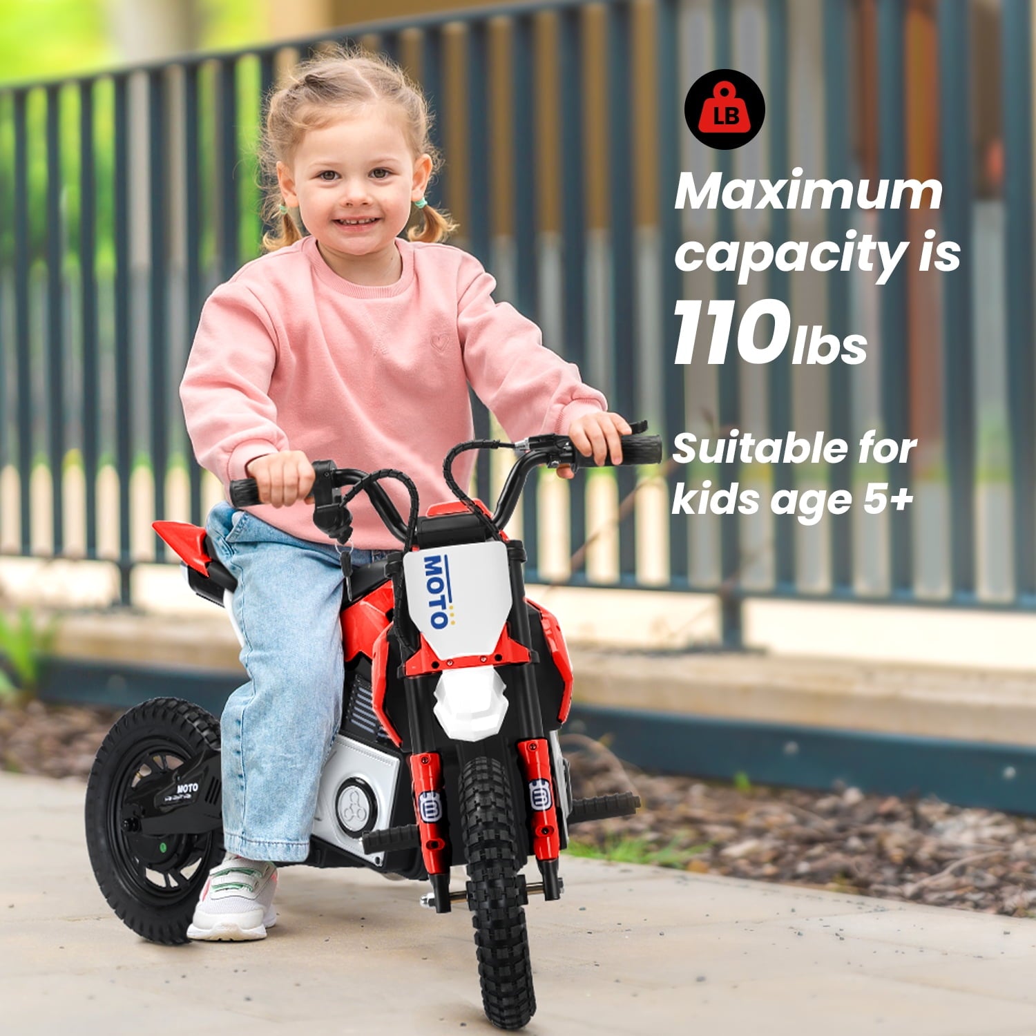 Track 7 24V Ride on Motorcycle, 200W Motocross Electric Dirt Bike with Hand Operated Brakes, Adjustable Speed, LED Lamp, Music, Max Speed 10mph, Electric Motorcycle for Kids Age 5+, Red