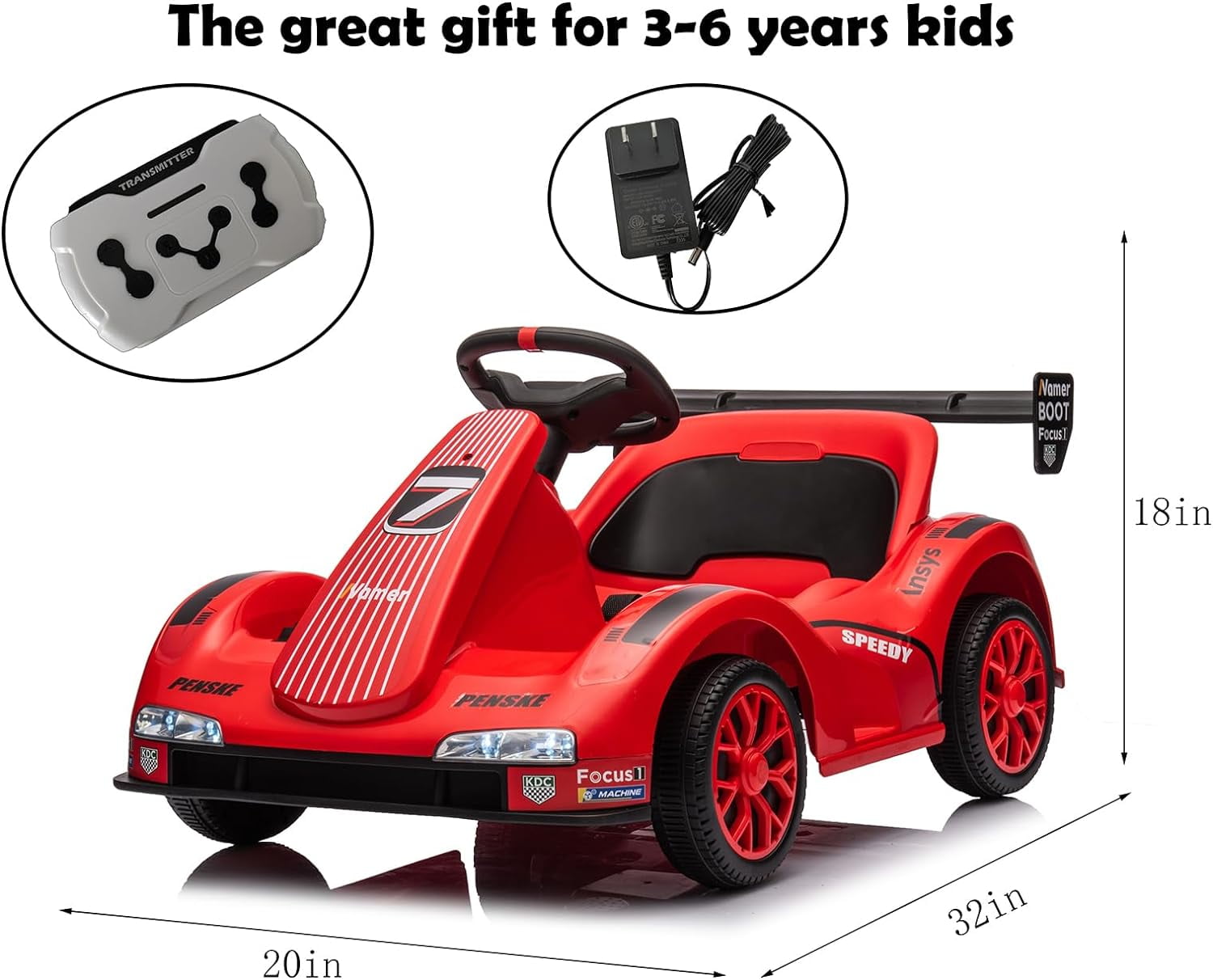 Track 7 12V Electric Go Kart for Kids, 4 Wheeler Pedal Car for Boys Girls, Dual Drive Ride on Car Toys for Toddlers Kids 3-6 w/Parent Remote Control, 3-Point Safety Belt, Red