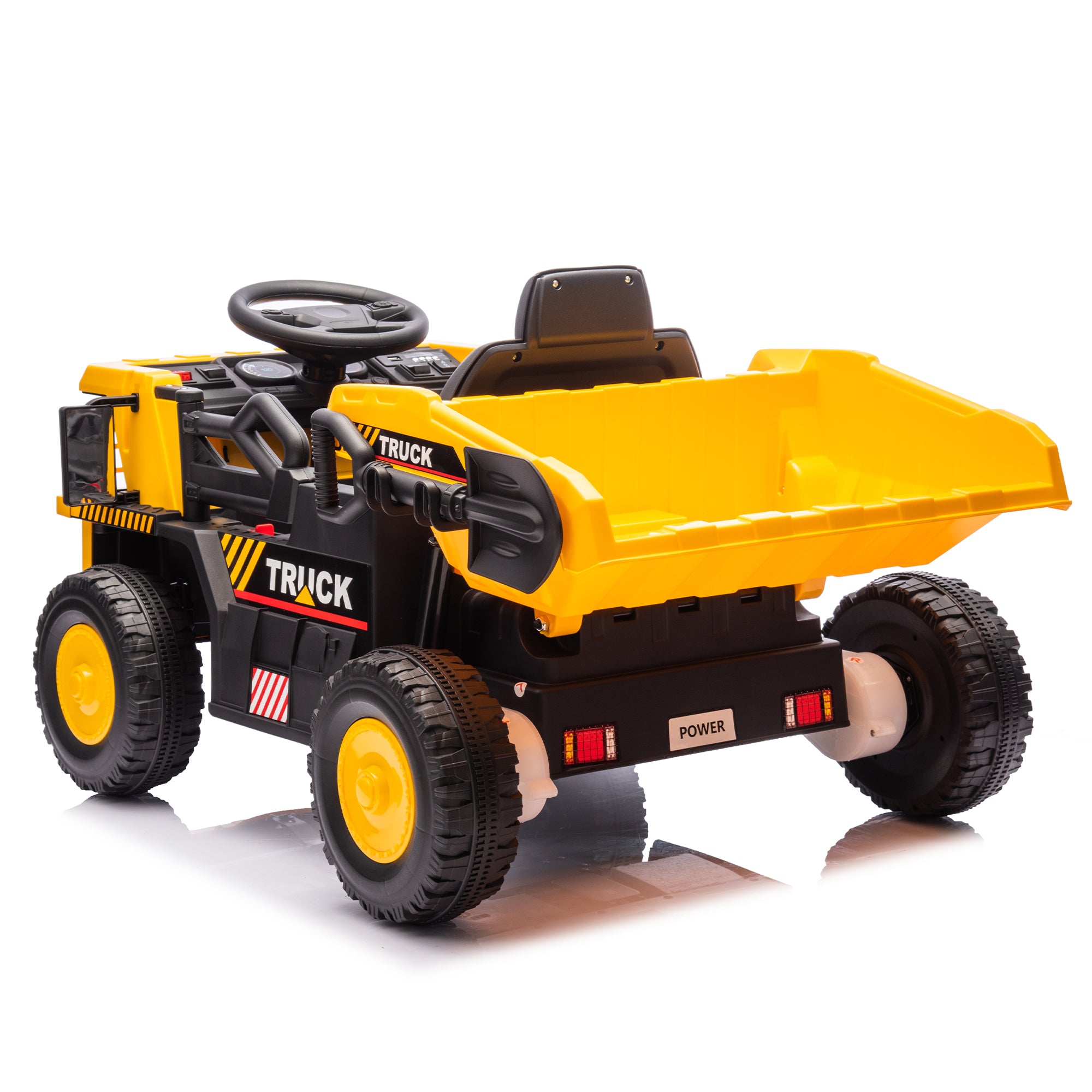 Track 7 12V Electric Ride-On Dump Truck, Parental Remote Control, 2WD Rear-Wheel Suspension, Electric Dump Bed & Bonus Shovel, Bluetooth Multimedia, Adjustable Volume & Speed, LED Lighting, Yellow