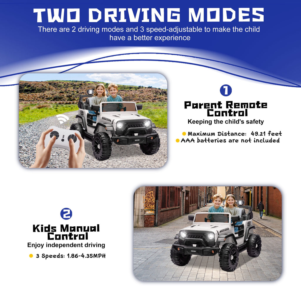 Track Seven  24V Ride on Truck, 2 Seater Ride On Toy Car for Big Kids, 19.7" Large Wide Seat, 4WD Electric Truck Car with Music, Bluetooth, Light and Searchlight, Max Speed 4.35 mph, White