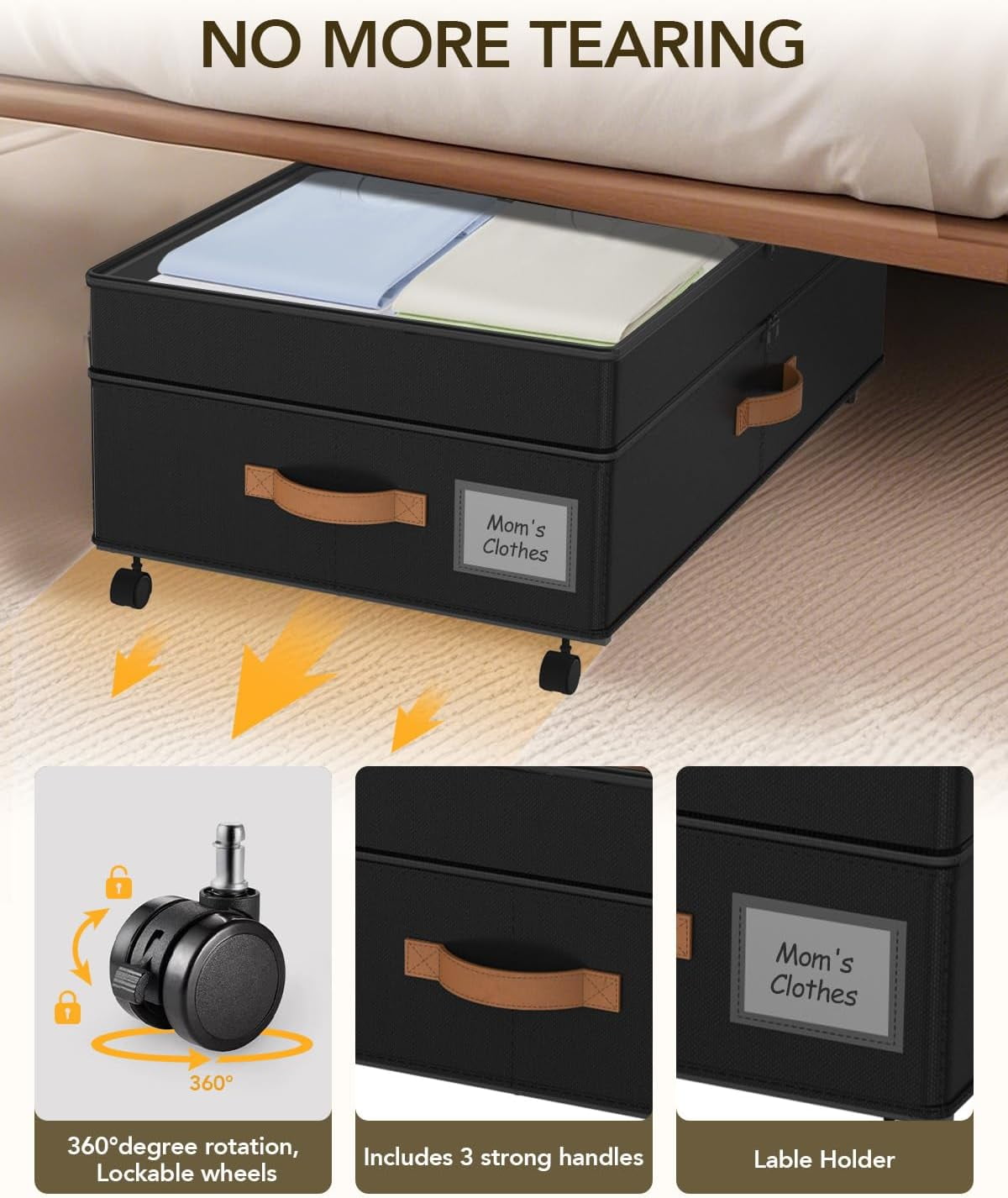 COOKCOK Under Bed Storage with Wheels, 72L XXL Under the Bed Storage Containers Large, 11‘’ Tall Adjustable Storage for Underbed with Lids, Rolling for Shoes, Clothes, Blankets, Black