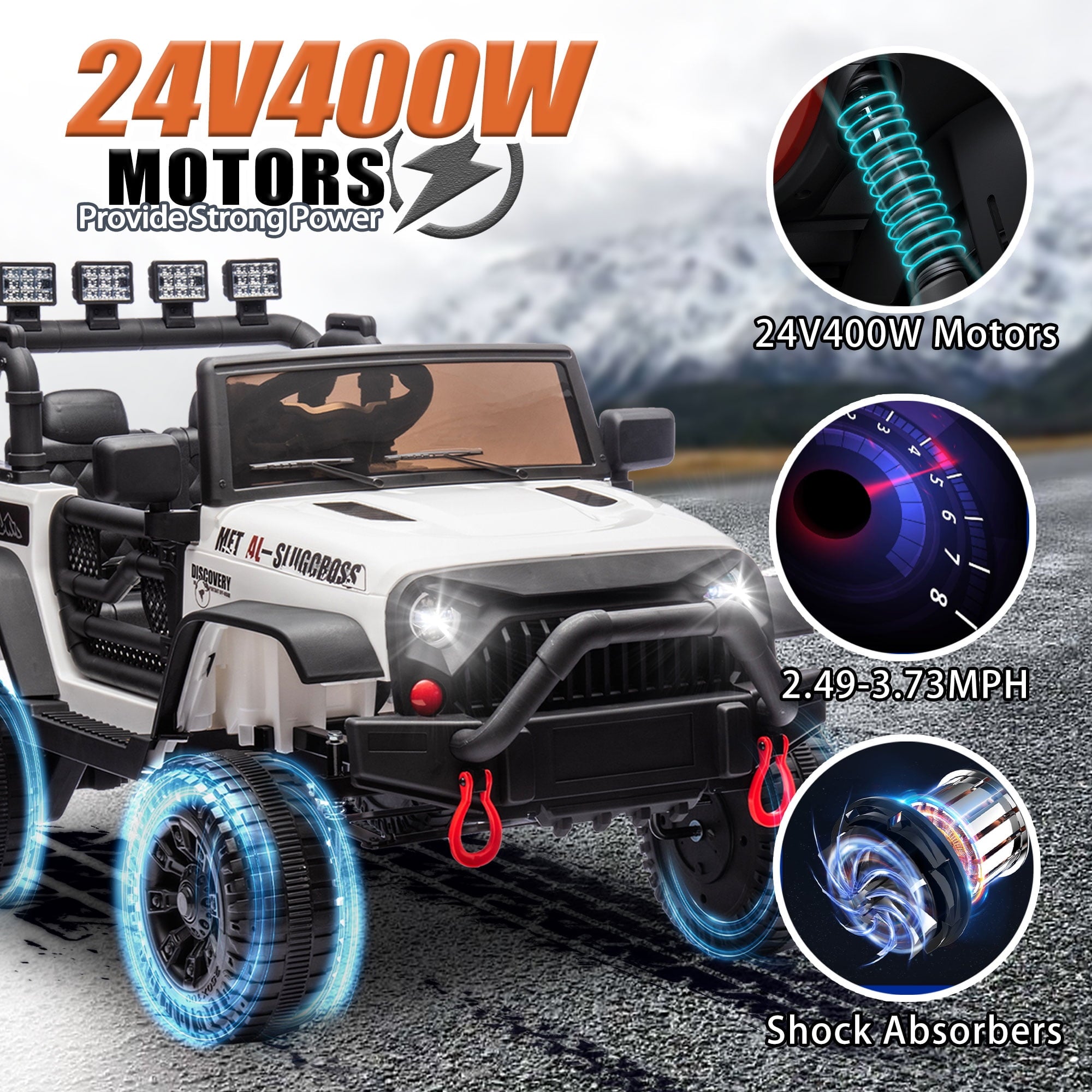Track 7 24V Ride on Car Truck, Battery Powered Ride on Car with Remote Control,  400W Electric Vehicle w/3 Speeds, Bluetooth, Music Player for Boys Girls Aged 3+, White
