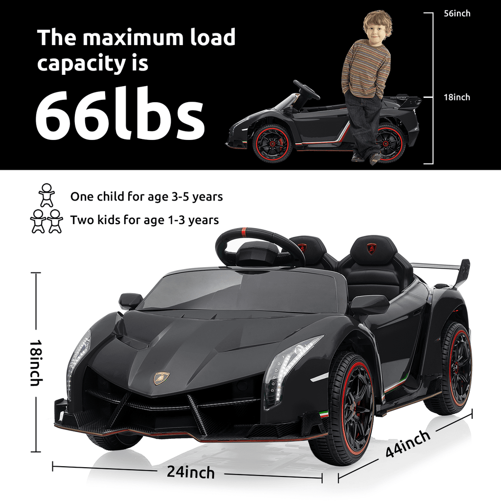 Track Seven 12V Kids Ride on Car, Licensed Lamborghini Veneno Electric Car with Remote Control, Music, Age 3+, Black