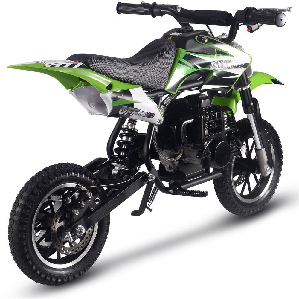 Track 7 50CC 2-Stroke Kid Dirt Bike, Off Road Gas Motorcycle, Trail Bike Up to 25Mph, EPA Approved Kids Gas Dirt Bike W/Rear Suspension, Pull Start, Front & Rear Disc Brake, Green