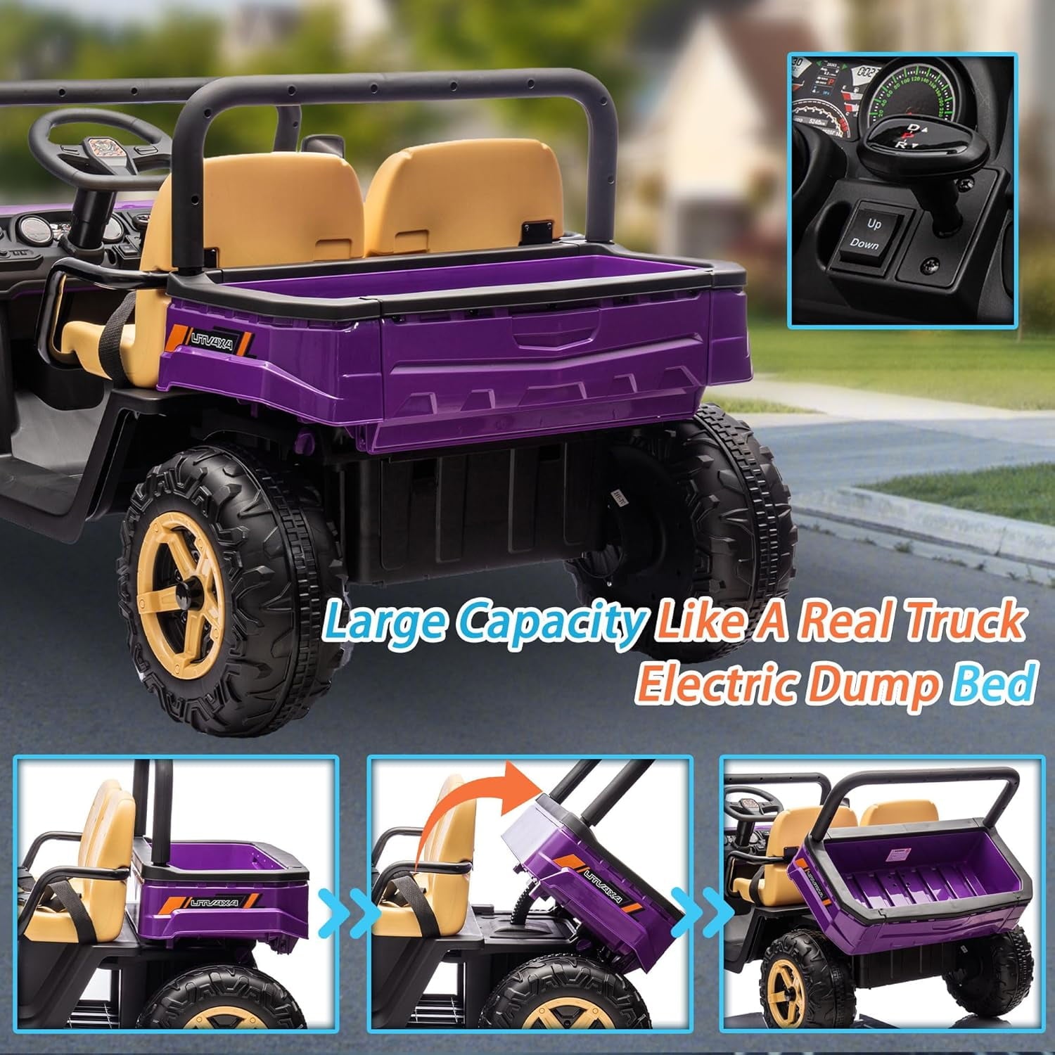 Track 7 24V 2 Seater Ride on Car, 25.79" Width Large Seat, 24V Ride On UTV w/Remote Control, Automatic Tipping Bucket, Bluetooth, Portable Handle, Electric Car Truck for Boys Girls Age 3+, Purple