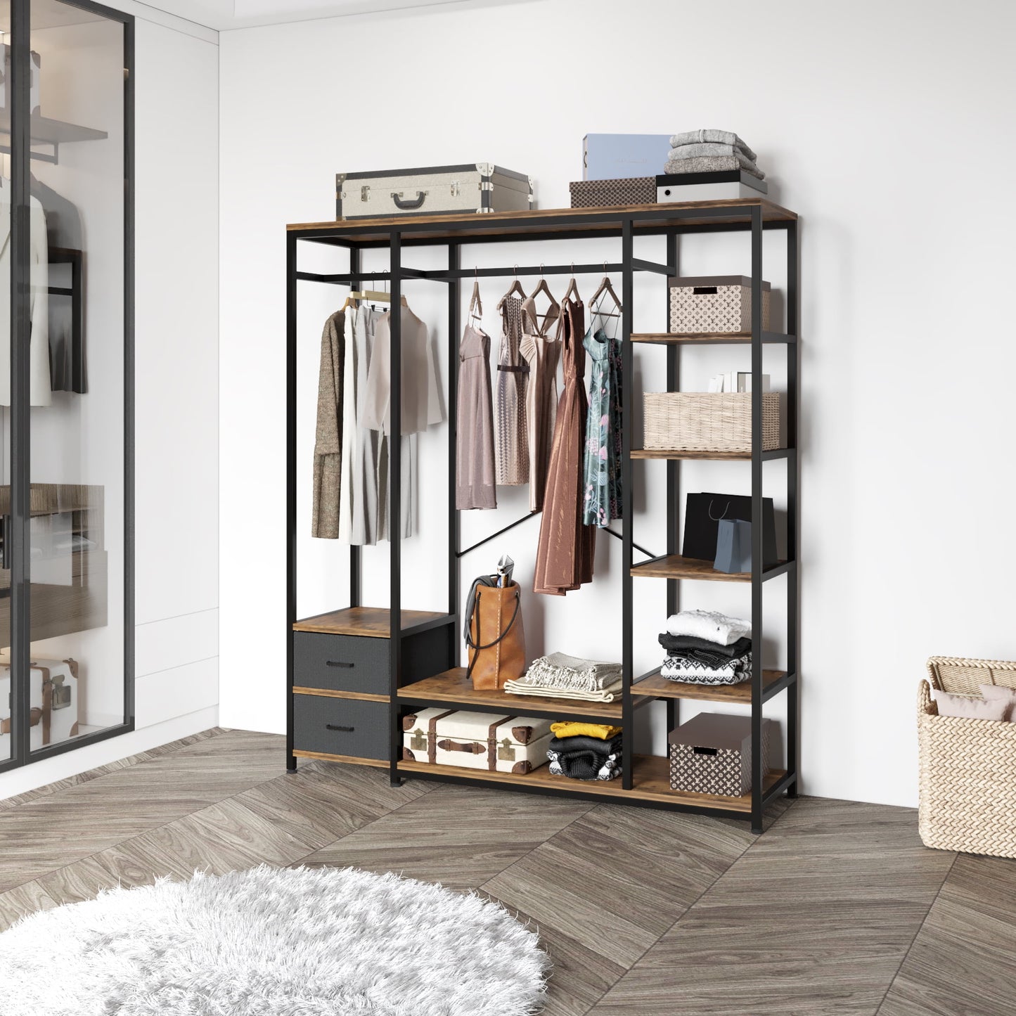 COOKCOK Metal Garment Rack Heavy Duty Clothing Rack with Shelves Freestanding Closet Organizer, Non-Woven Drawer