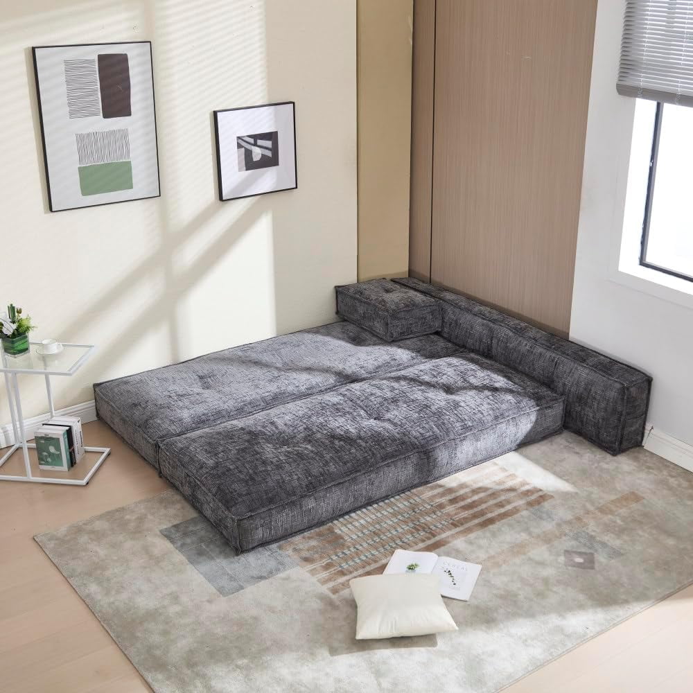 BISHE 78" Modular Sectional Sofa Bed, Chenille Fabric L-Shaped Cloud Couch with Storage Pockets, No Assembly Required, Space-Saving Convertible Sleeper for Living Room, Apartment, Office, Grey