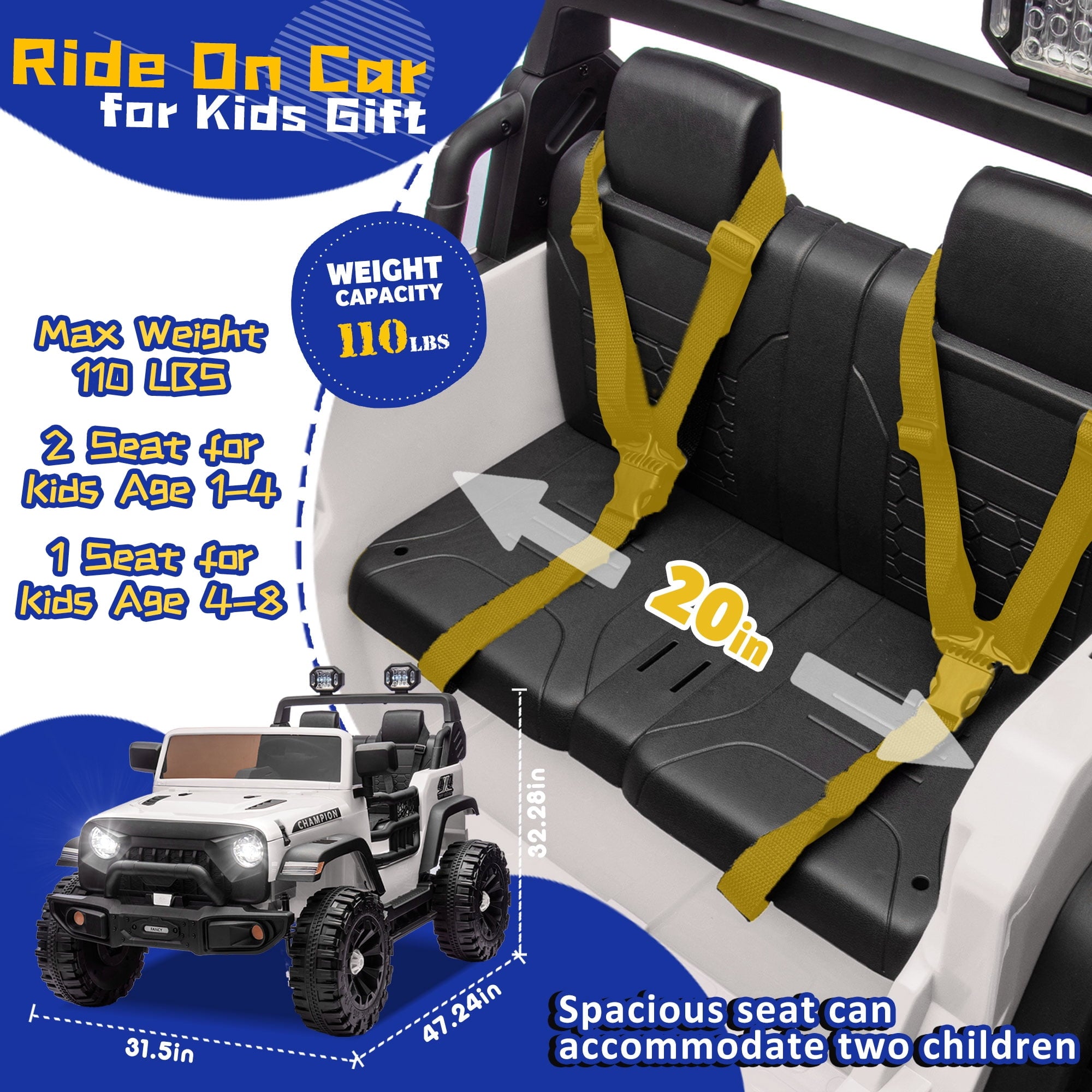 Track Seven  24V Ride on Truck, 2 Seater Ride On Toy Car for Big Kids, 19.7" Large Wide Seat, 4WD Electric Truck Car with Music, Bluetooth, Light and Searchlight, Max Speed 4.35 mph, White