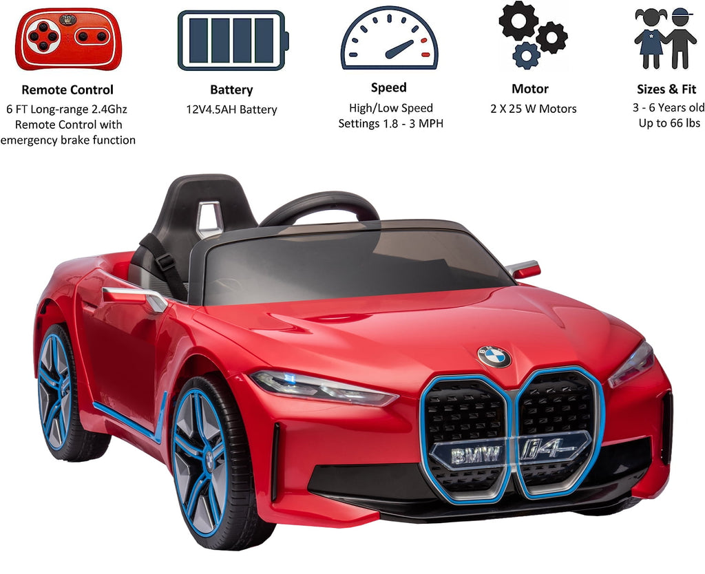 Track 7 Kids Ride on Car, 12V Licensed BMW i4 12V Electric Car with Remote Control, MP3, Age 3+, Red