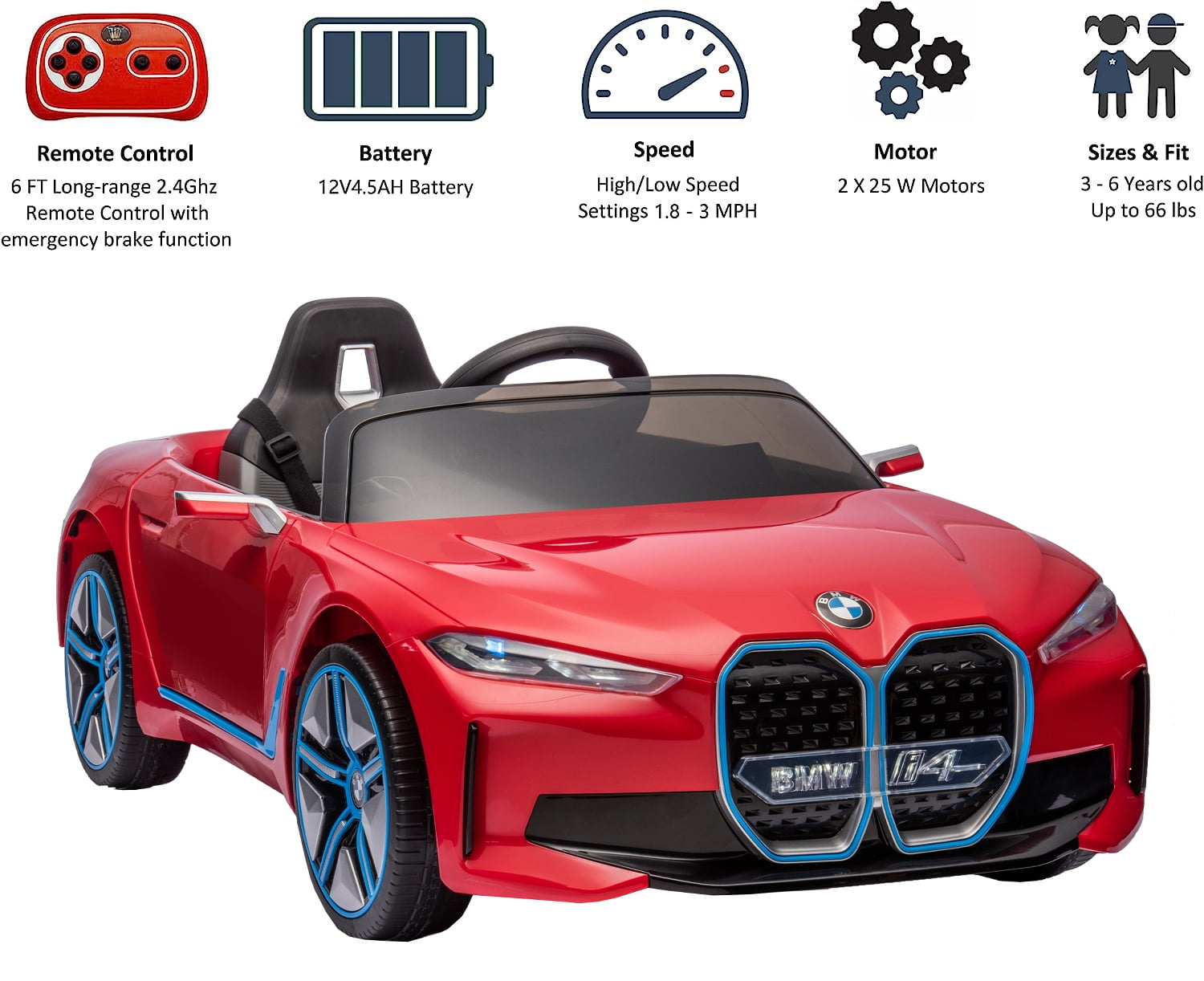 Track 7 Kids Ride on Car, 12V Licensed BMW i4 12V Electric Car with Remote Control, MP3, Age 3+, Red
