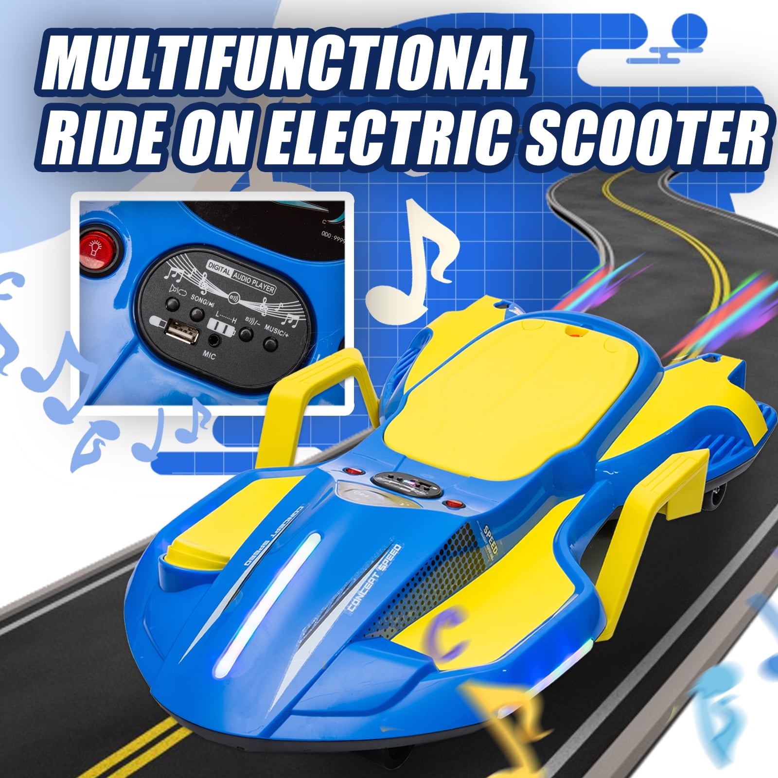 SUSIELADY 24V Ride on Electric Scooter with Helmet, Knee Pads, Glove, 200W Motor, 5.59 - 6.84 mph, Use for 1-2 hours, with Spray Function, Gravity Steering, Music for Child 6+