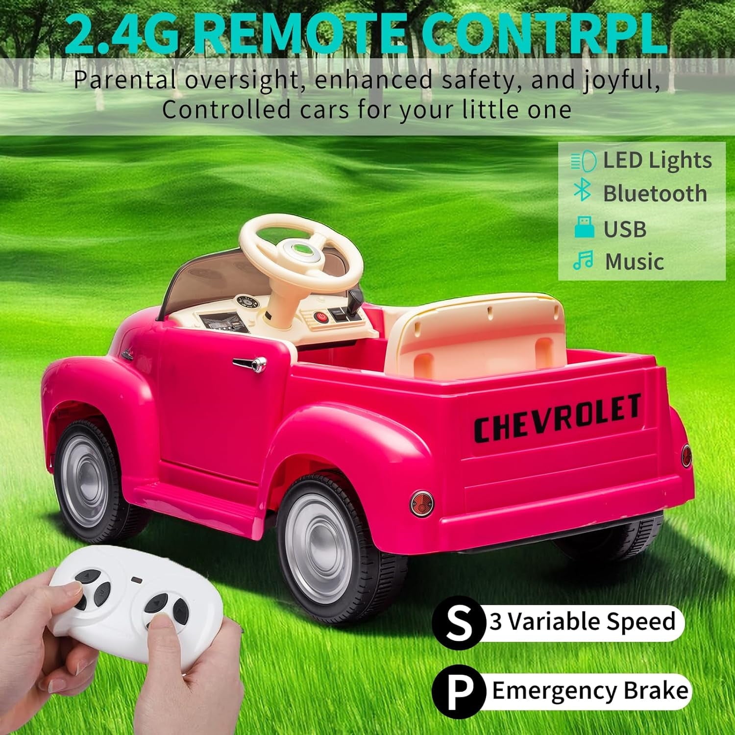 Track 7 12 V Ride on Car, Licensed Chevrolet 3100 Pickup Electric Car for Boys Girls, LED Lights, Bluetooth, USB, Storage Space, Remote Control, Ride on Toy Vehicle, Pink