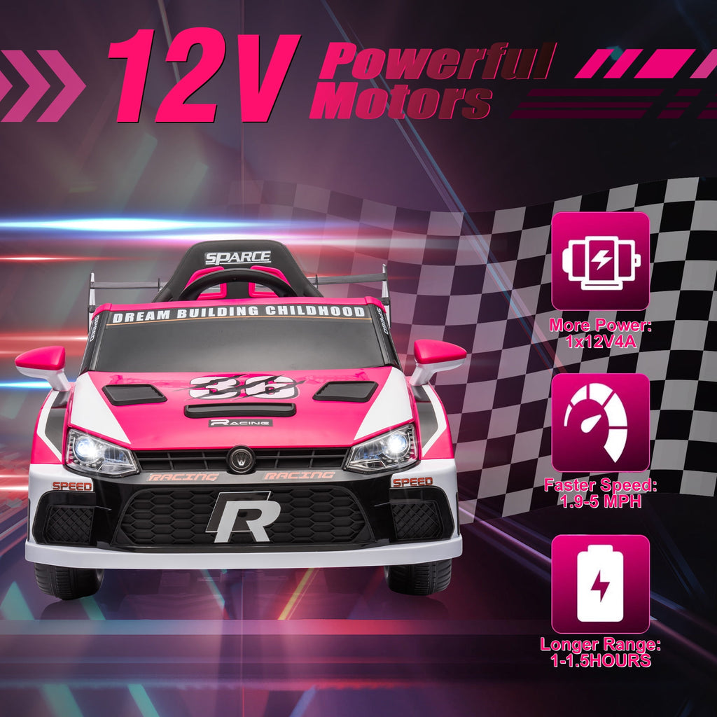 Track 7 Kids Ride on Car, 12V Electric Sports Car with Remote Control, Bluetooth, Front Light, Electric Buggies for Boys Girls Age 3+, Pink