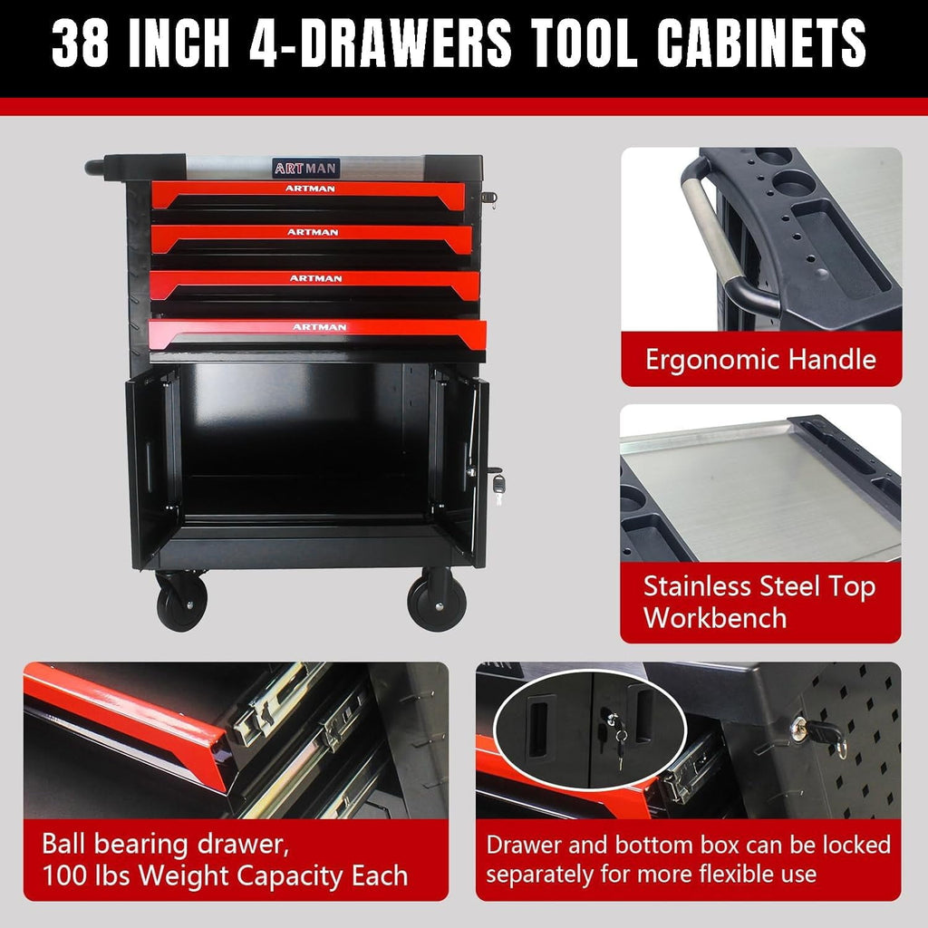 COOKCOK Tool Chest, 4-Drawer Rolling Tool Storage Cabinet, Tool Box Organizer w/Locking System & Lockable Wheels & Removable Drawers, Black