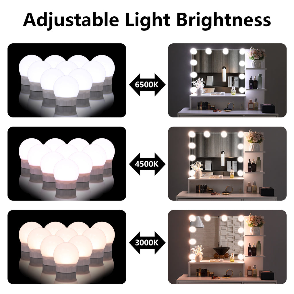 COOKCOK Vanity Set with Lighted Mirror, 10 LED Bulbs Vanity Dressing Table with 3 Storage Shelves 1 Drawer 1 Cabinet, Makeup Table with Cushioned Stool, White