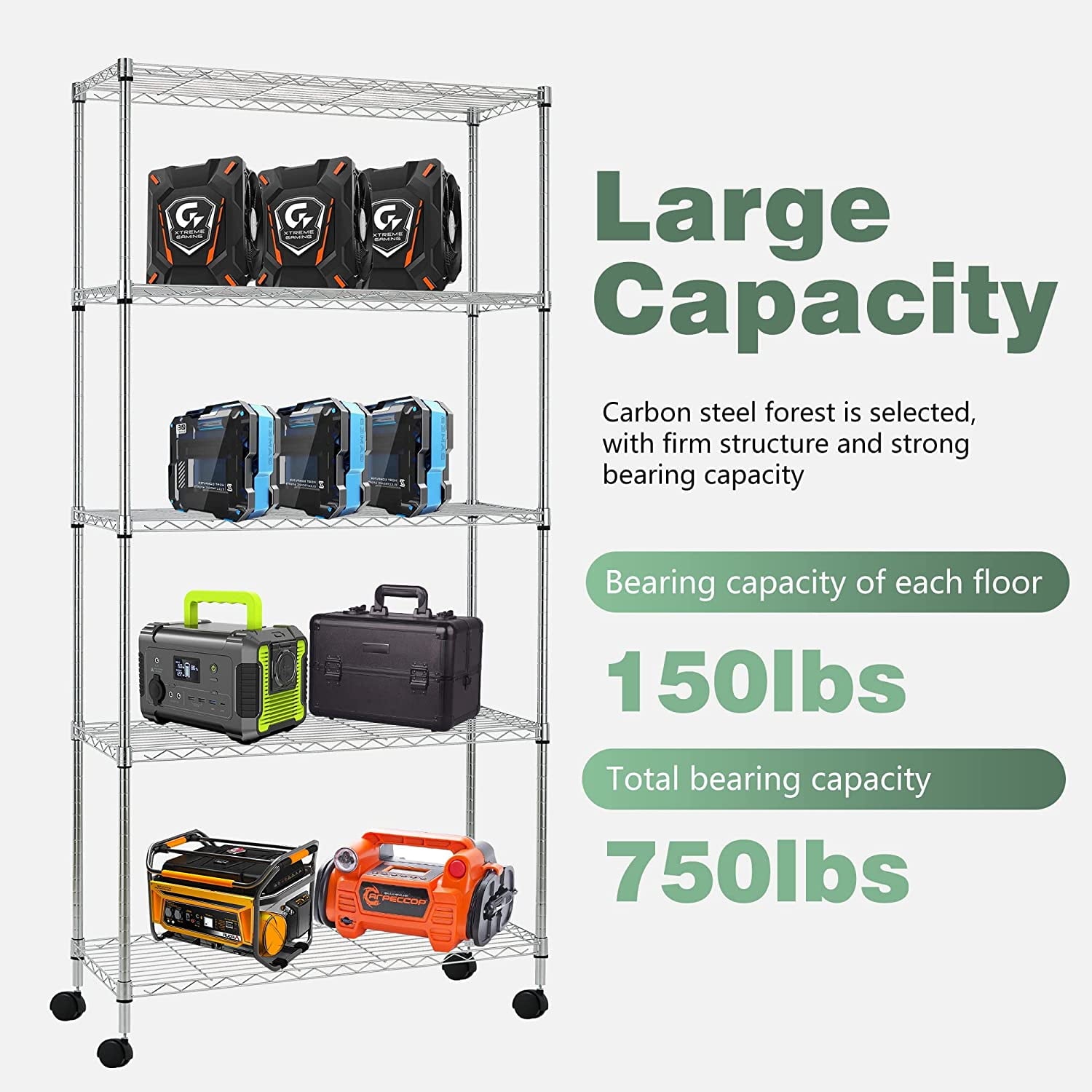COOKCOK 5-Tier Wire Shelving with Wheels, 35.4"x 13.8"x 65" Heavy Duty Shelf, Height Adjustable Rolling Metal Shelves for Storage,  750lbs Capacity, Silver