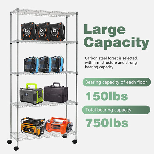 COOKCOK 5-Tier Wire Shelving with Wheels, 35.4"x 13.8"x 65" Heavy Duty Shelf, Height Adjustable Rolling Metal Shelves for Storage,  750lbs Capacity, Silver