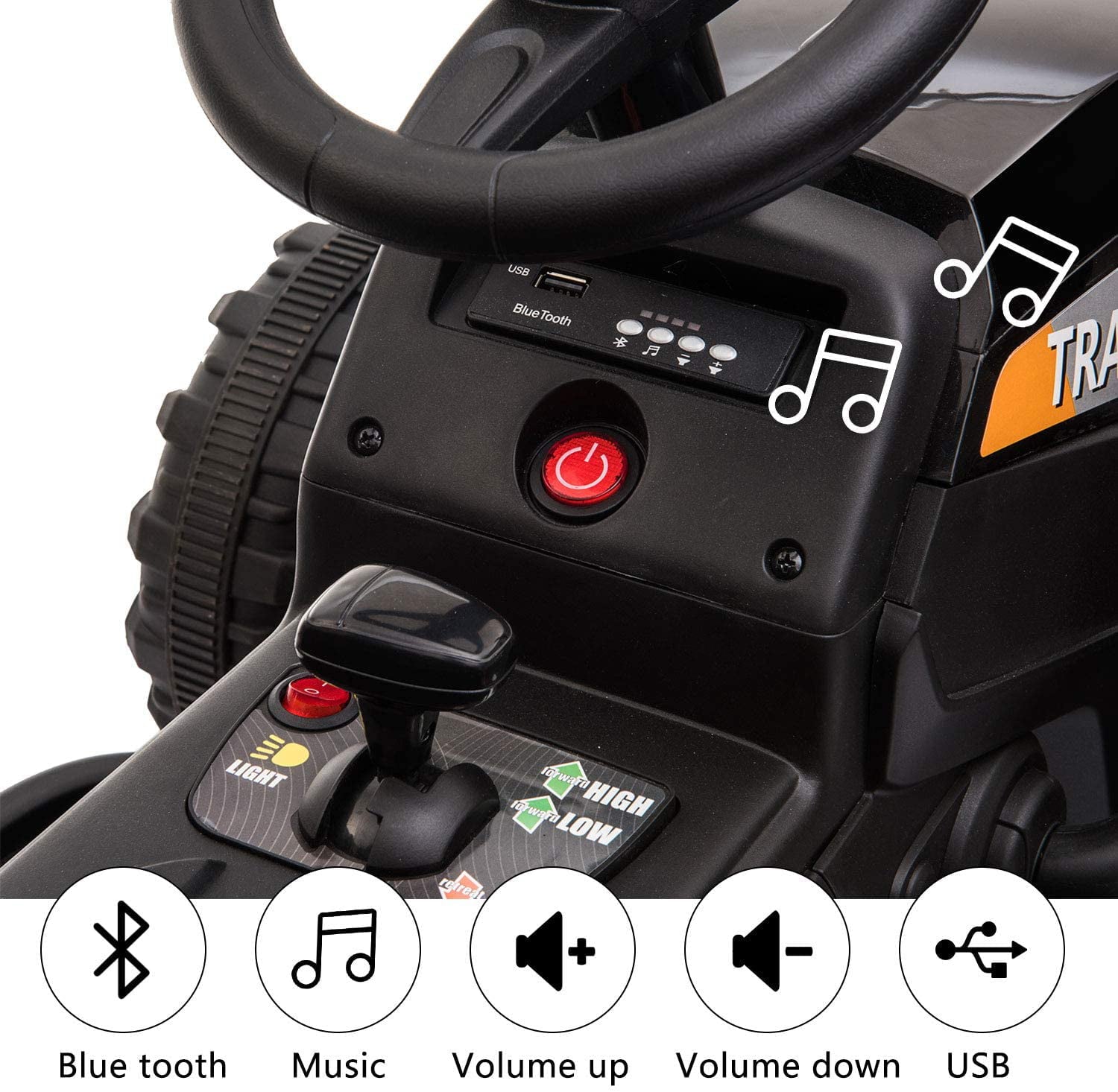 LISUEYNE 12V Ride on Tractor with Trailer,  Electric Car with Music, USB, LED Lights, Ride on Car for Kids Age 3-6 Years, Max Speed 5mph, Black