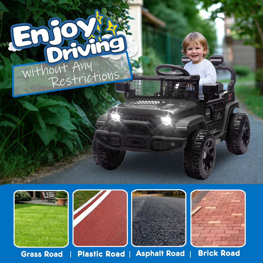 Track 7 24V Kids Ride-On Car with Remote Control, 2WD, Four-Wheel Suspension with Large Wheel Design, Power Display, Bluetooth, MP3 Player, LED Lights, and Speed Control for Ages 2-5, Black