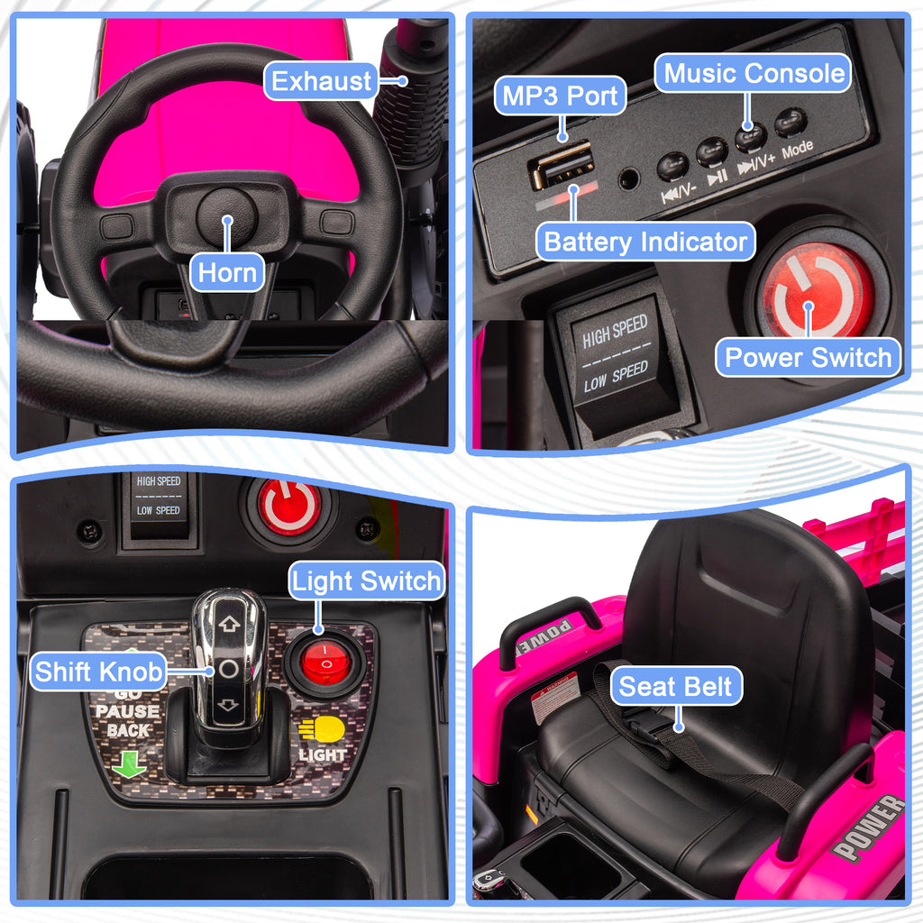 Track 7 24V Ride on Tractor, 400W Electric Tractor with Detachable Trailer, Remote Control, USB, MP3, Power Display, LED Lights, Max Speed 4.97 mph, 24V Electric Car for Boys Girls Age 3+, RoseRed