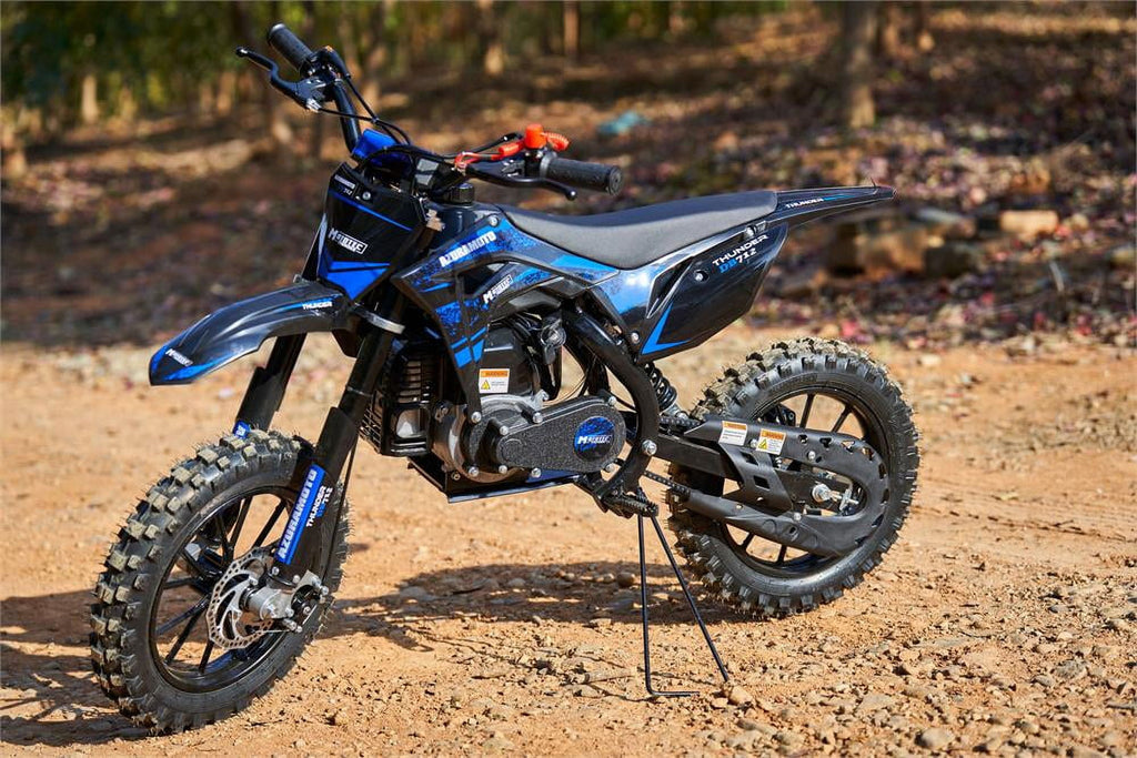 Track 7 50CC 2-Stroke Gas Dirt Bike for Kids, Up to 25 MPH, Mini Dirt Bike with Rear Suspension, Kill Switch, Disck Brakes, 150lbs Max Load, 1.6L Tank, Blue